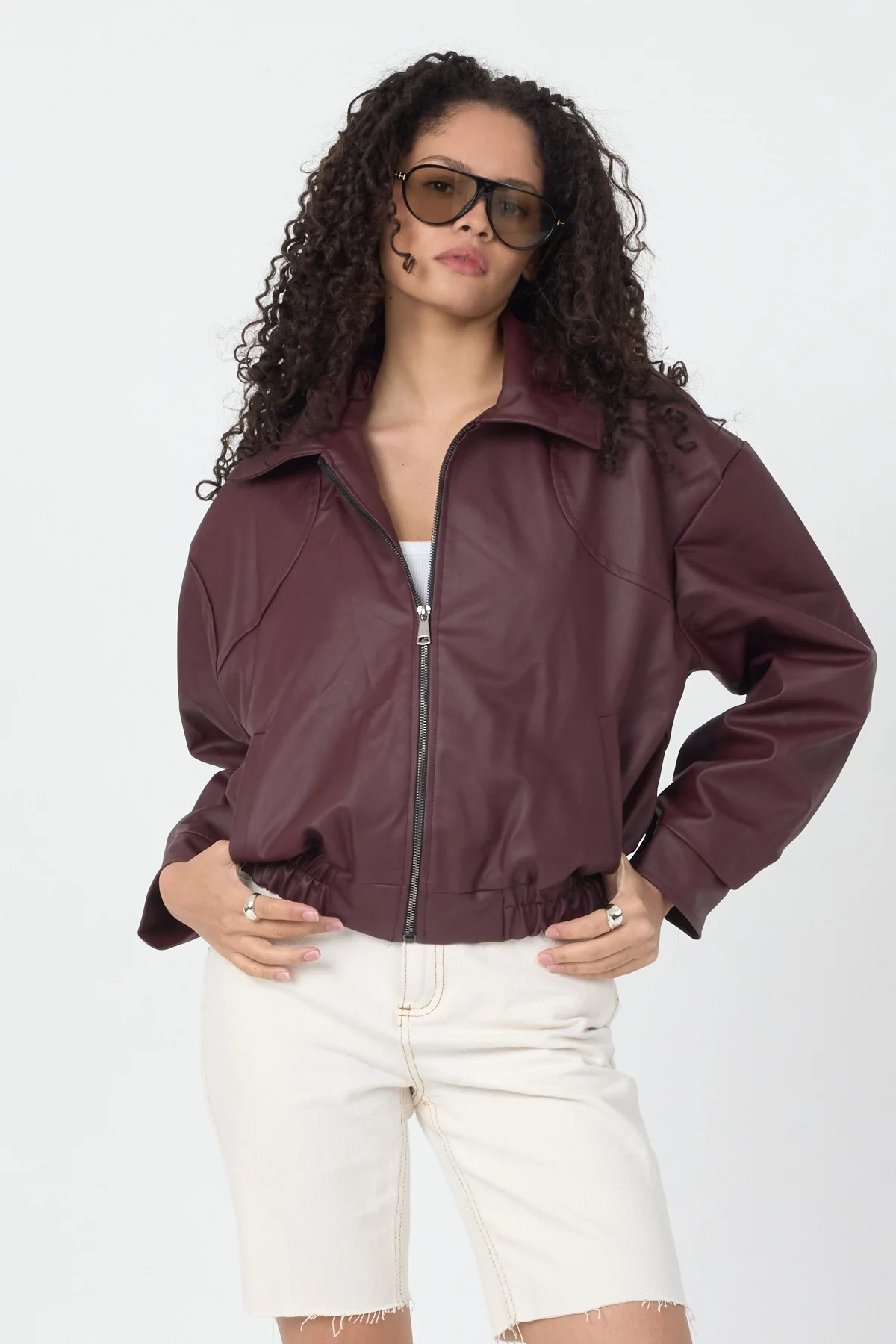 Kadın Bordo Oversize Fermuarlı Suni Deri Bomber Ceket