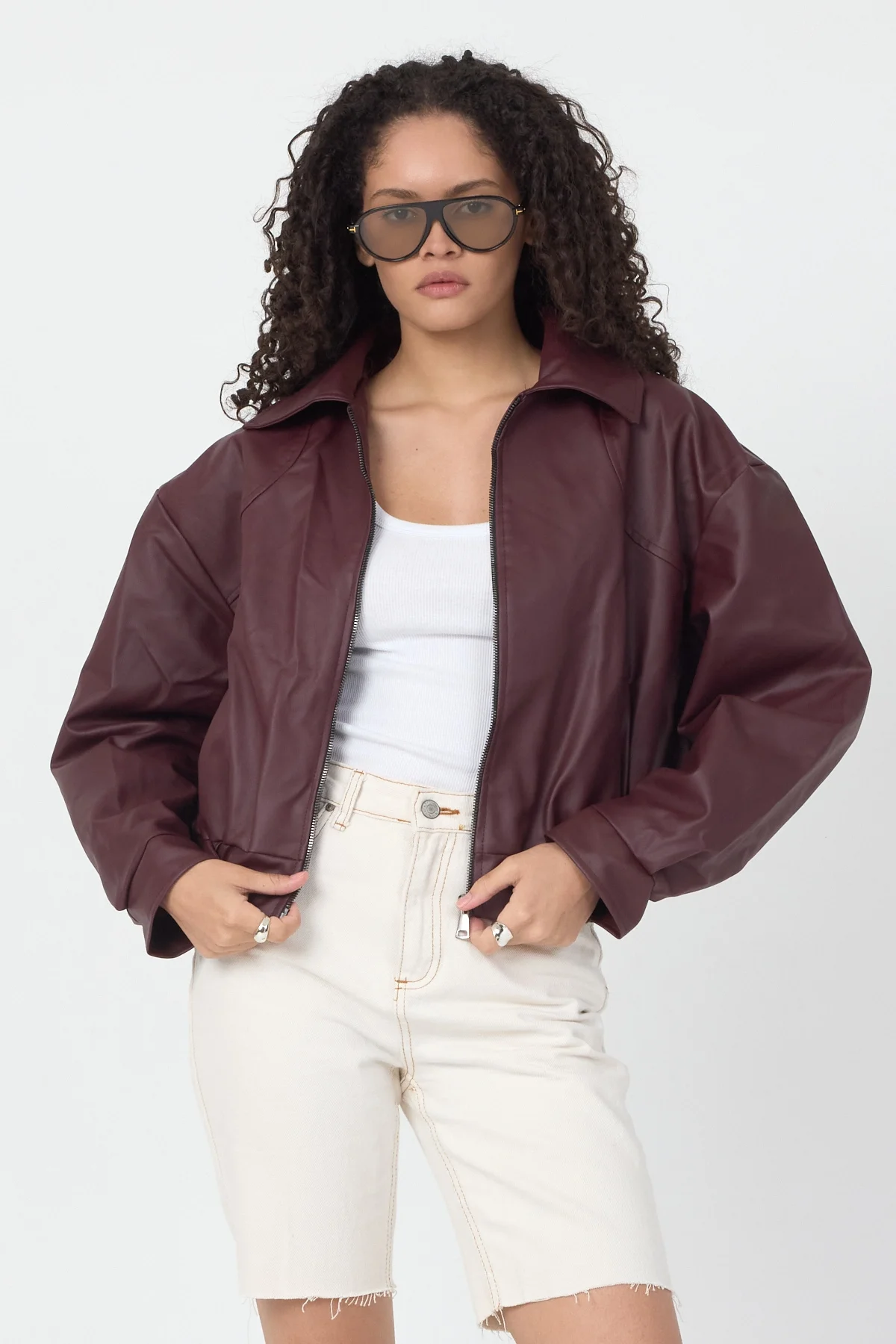 Kadın Bordo Oversize Fermuarlı Suni Deri Bomber Ceket