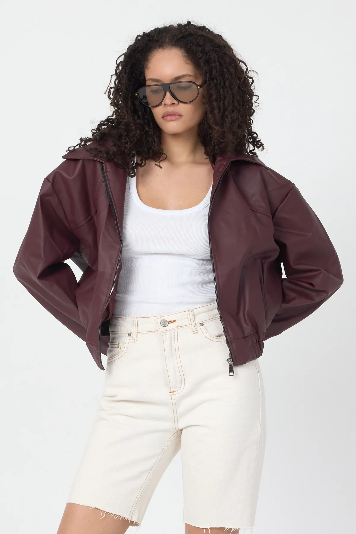 Kadın Bordo Oversize Fermuarlı Suni Deri Bomber Ceket