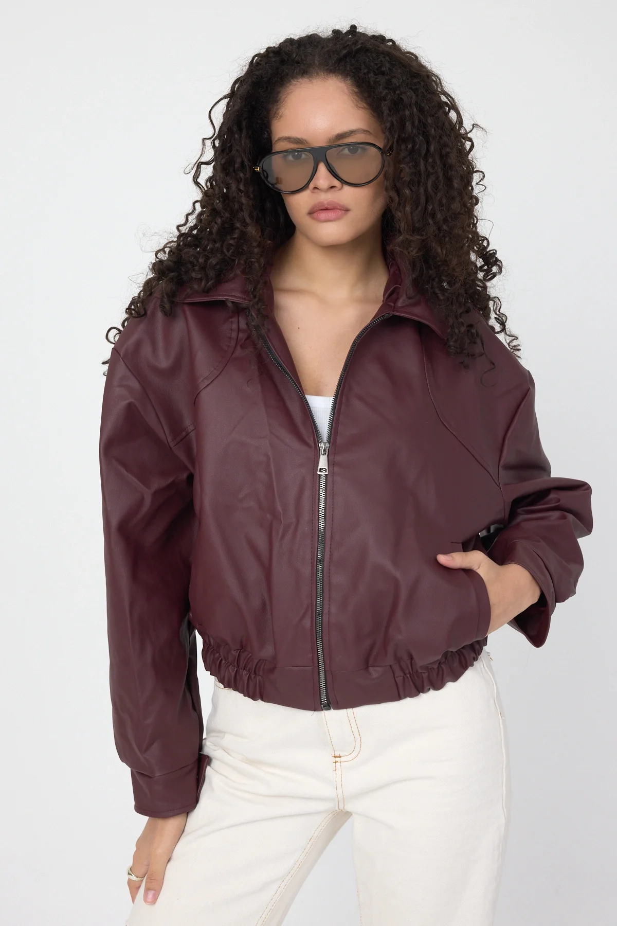 Kadın Bordo Oversize Fermuarlı Suni Deri Bomber Ceket