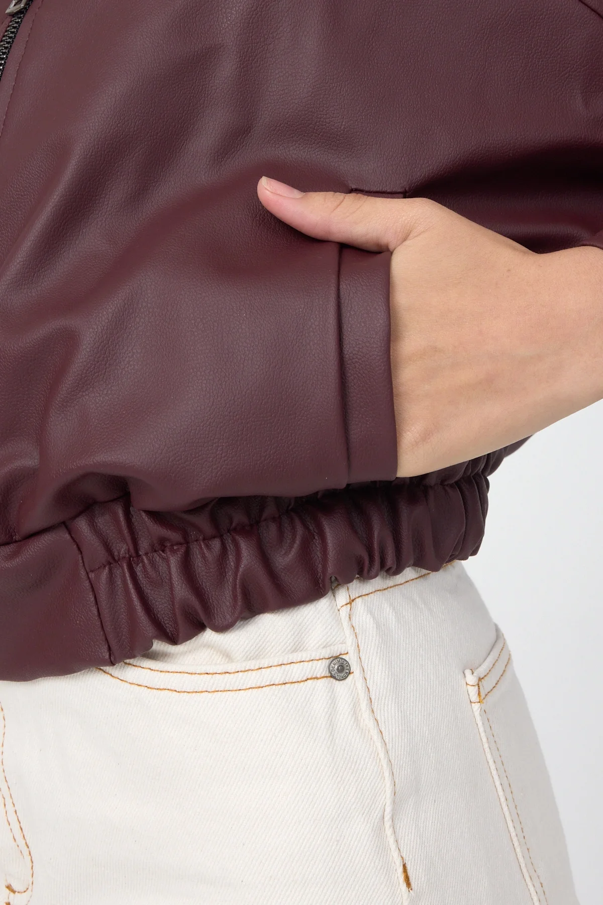 Kadın Bordo Oversize Fermuarlı Suni Deri Bomber Ceket