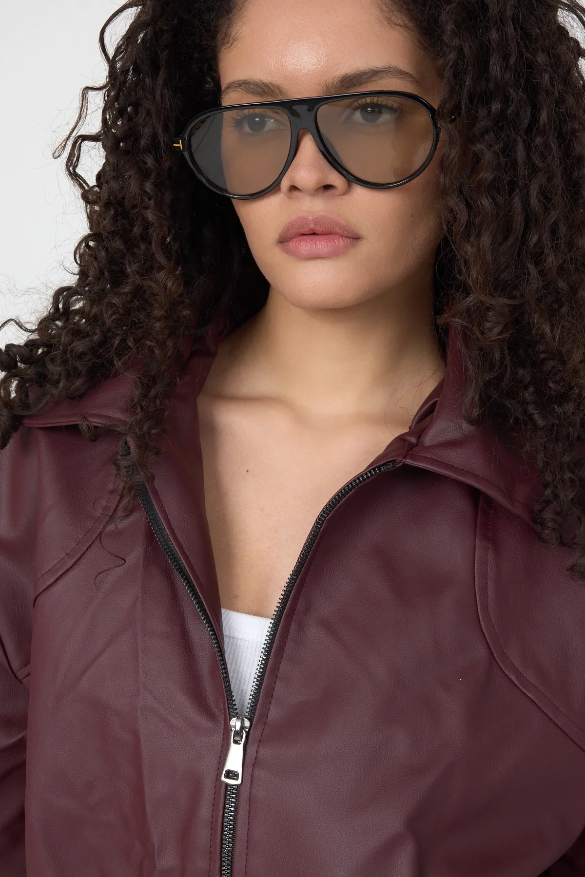 Kadın Bordo Oversize Fermuarlı Suni Deri Bomber Ceket