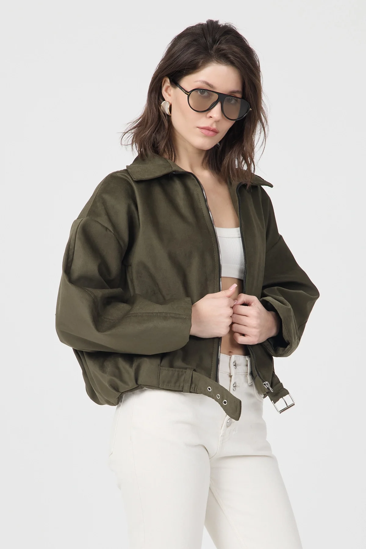 Kadın Haki Oversize Fermuarlı Kemer Detaylı Suet Bomber Ceket
