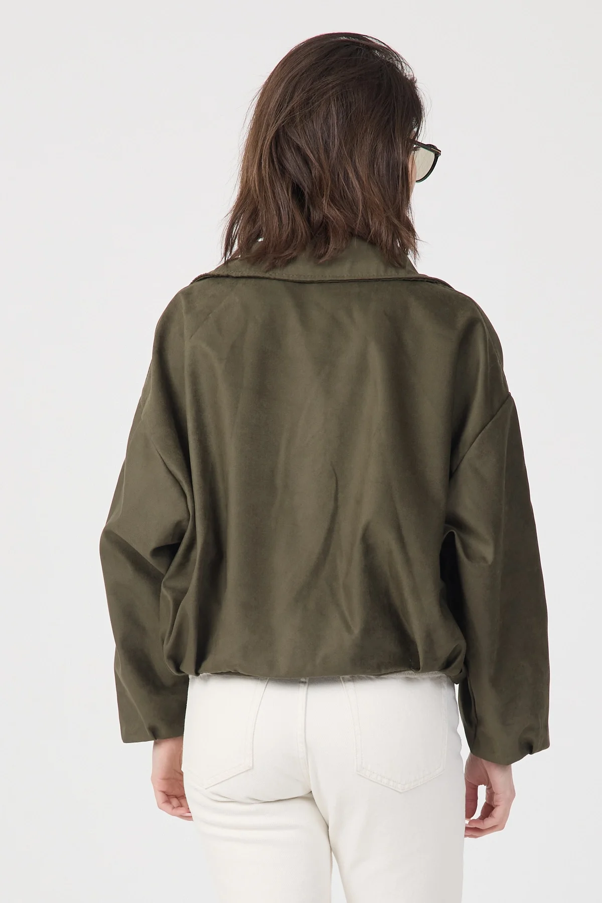 Kadın Haki Oversize Fermuarlı Kemer Detaylı Suet Bomber Ceket