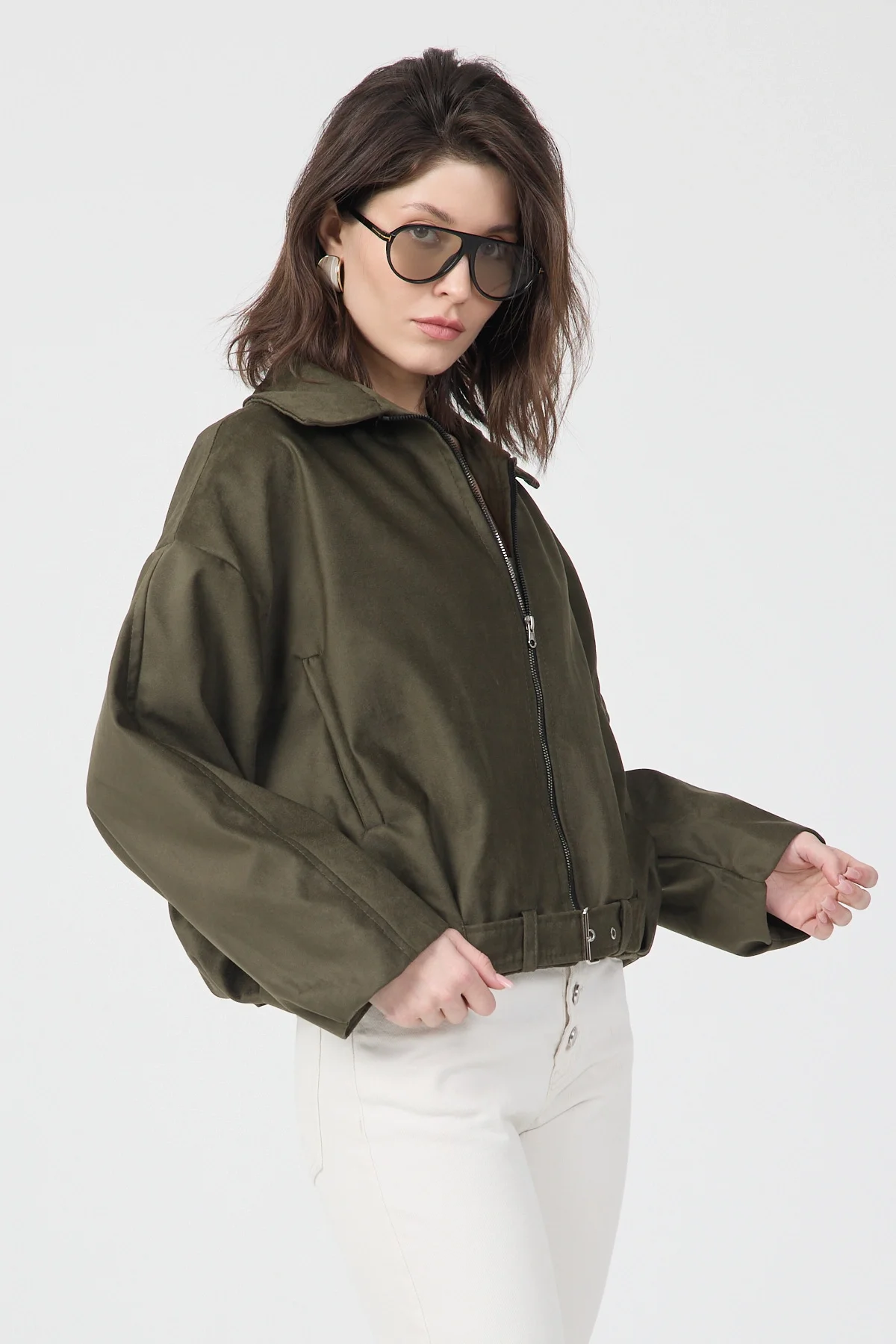 Kadın Haki Oversize Fermuarlı Kemer Detaylı Suet Bomber Ceket
