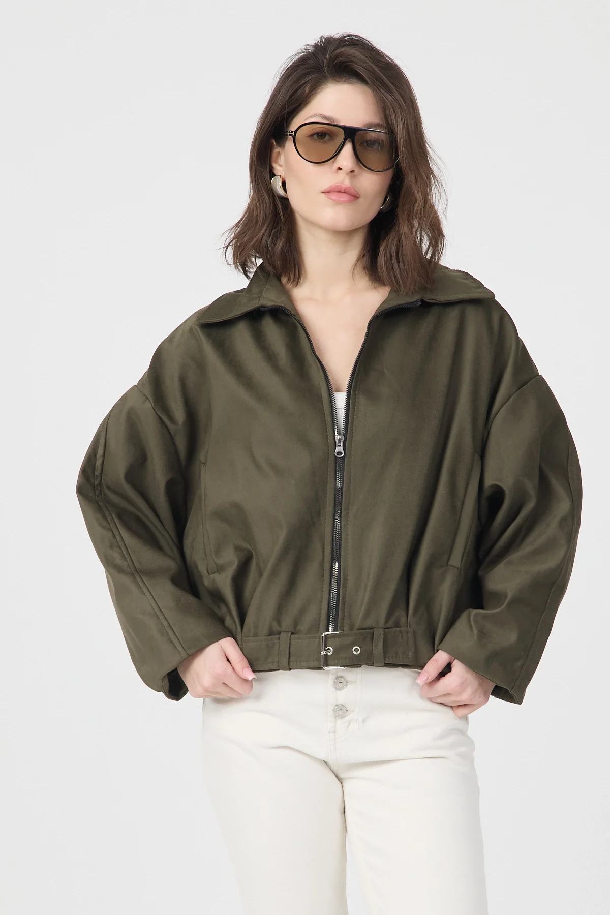 Kadın Haki Oversize Fermuarlı Kemer Detaylı Suet Bomber Ceket