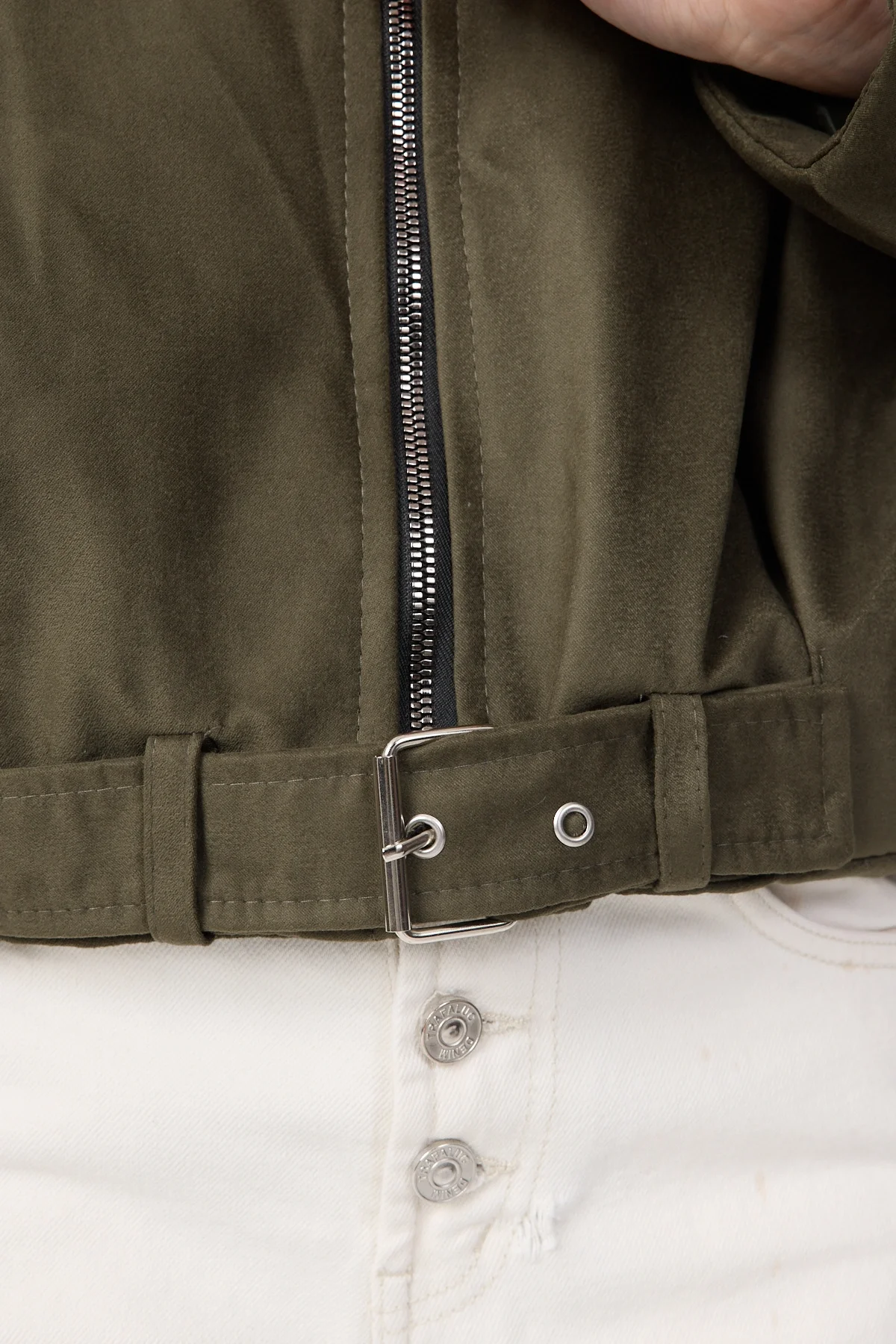 Kadın Haki Oversize Fermuarlı Kemer Detaylı Suet Bomber Ceket