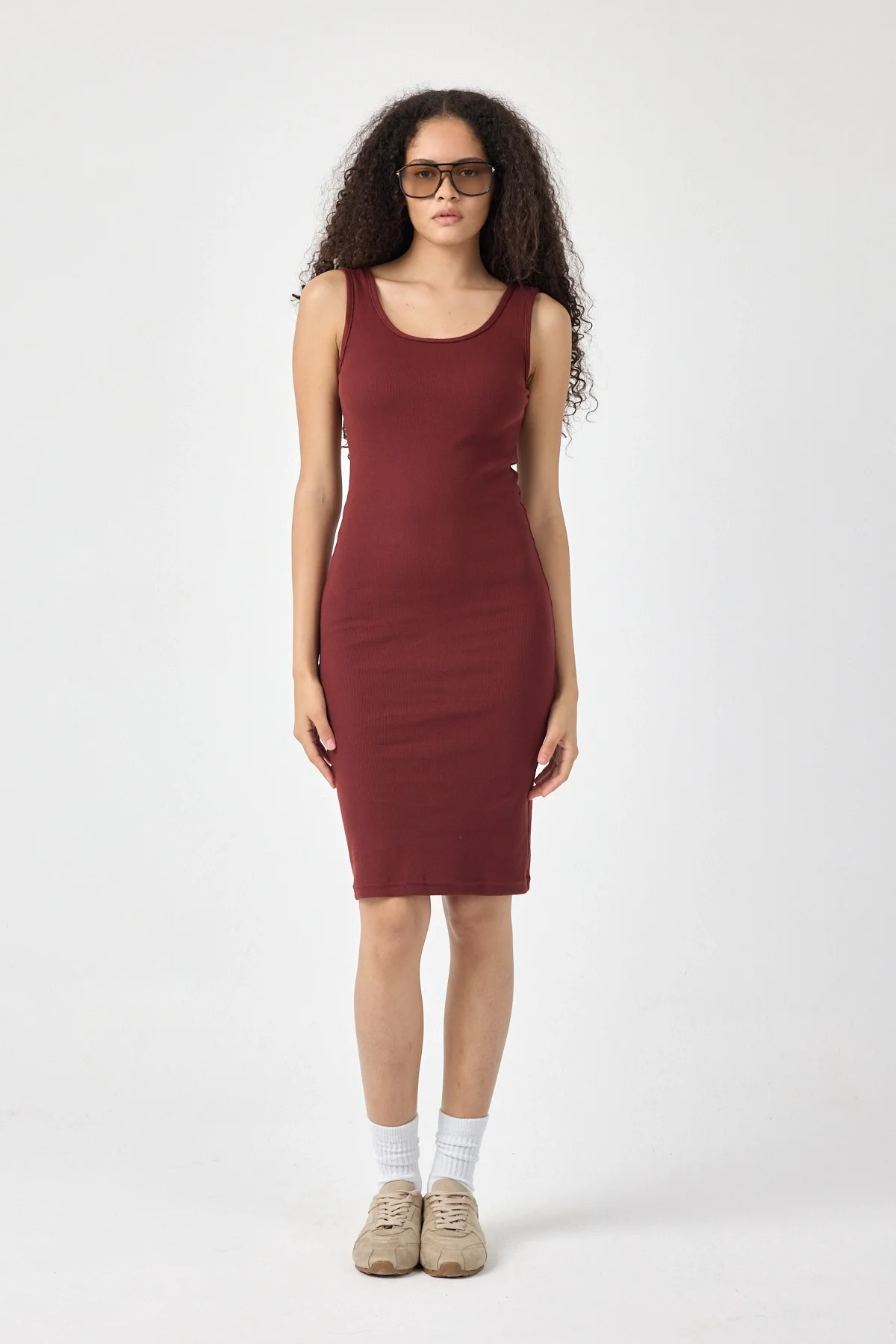 Kadın Mini Bodycon Kolsuz Bordo Elbise