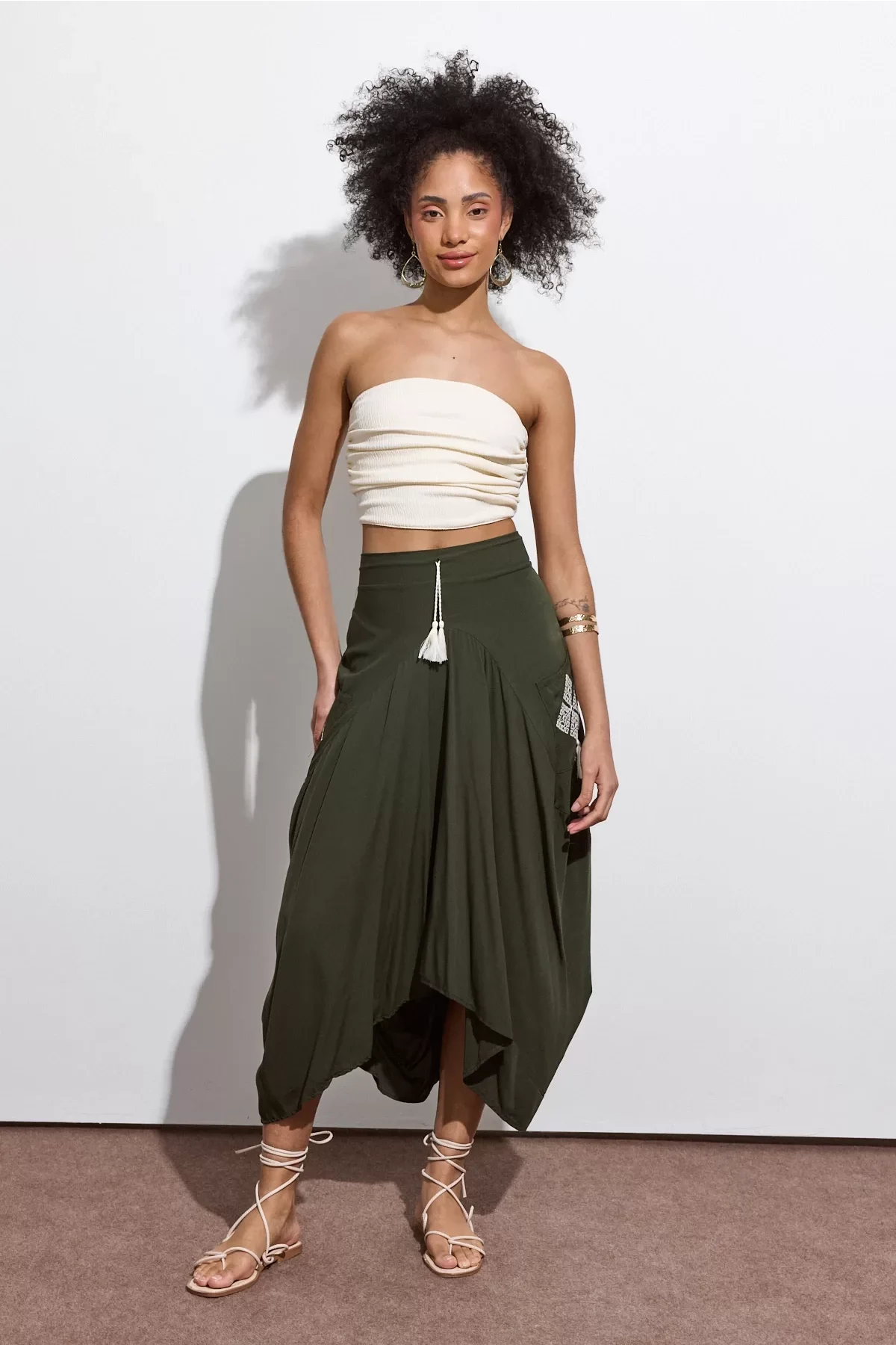 Beli Lastikli Nakış Detaylı Bağcıklı Otantik Şalvar Etek