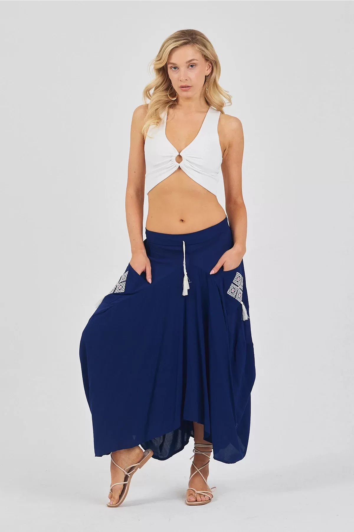 Beli Lastikli Nakış Detaylı Bağcıklı Otantik Şalvar Etek