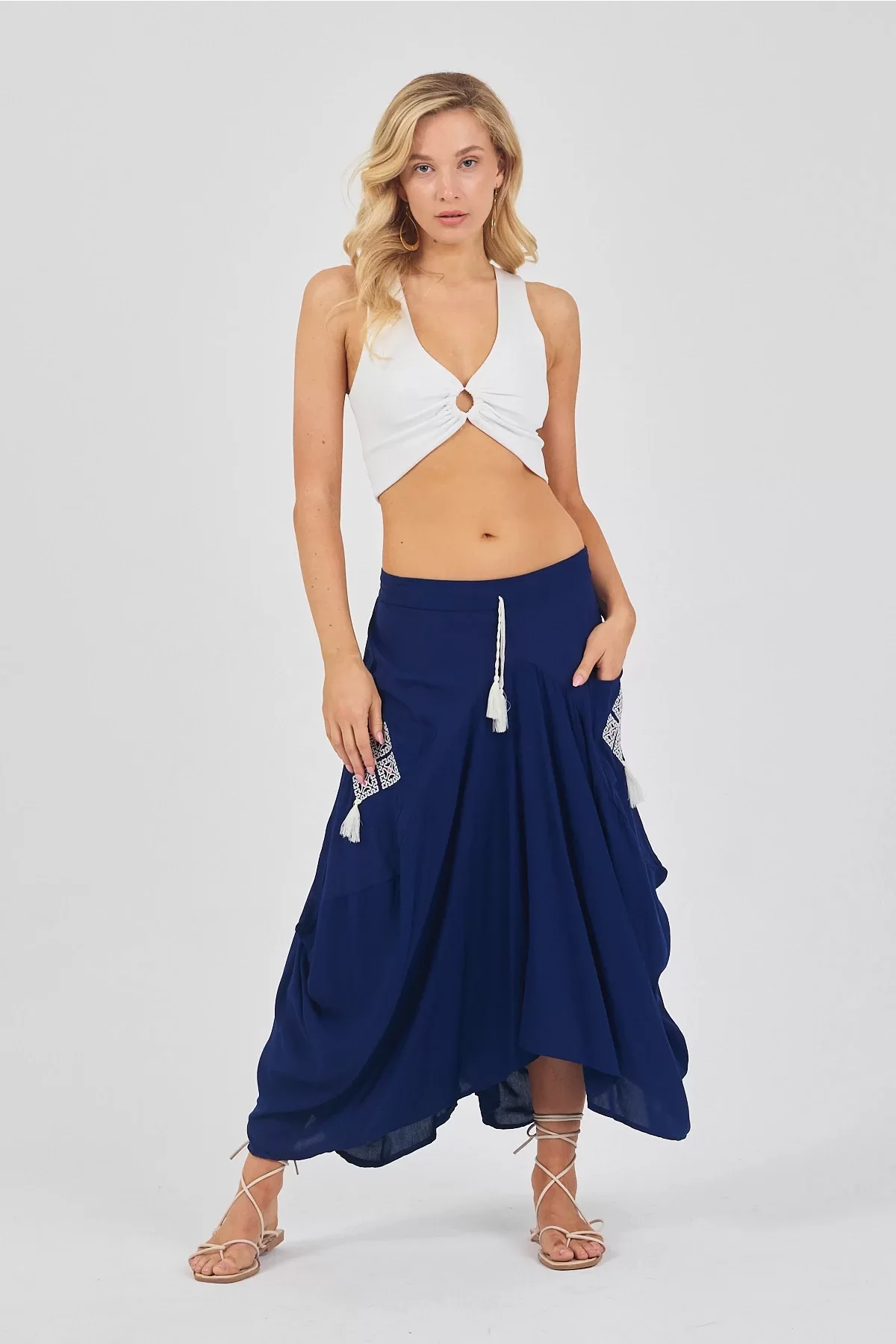 Beli Lastikli Nakış Detaylı Bağcıklı Otantik Şalvar Etek