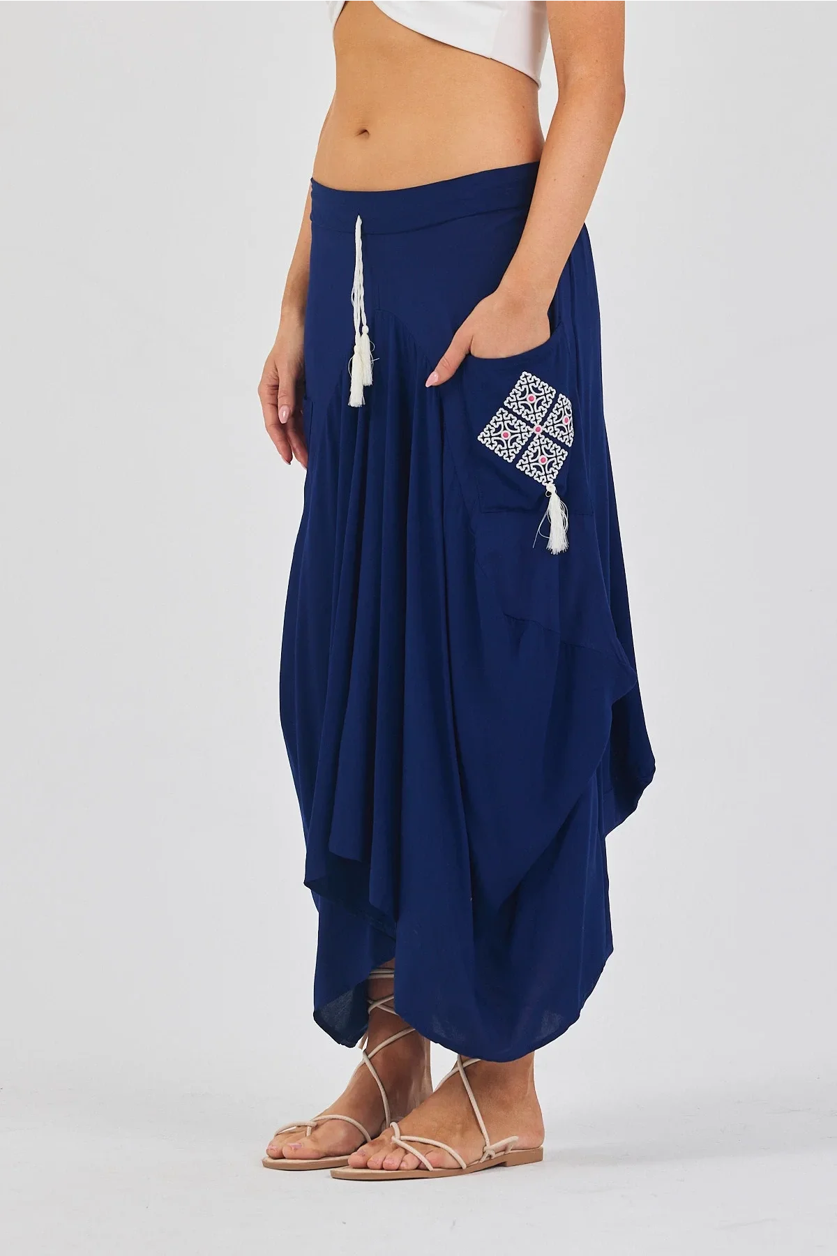 Beli Lastikli Nakış Detaylı Bağcıklı Otantik Şalvar Etek