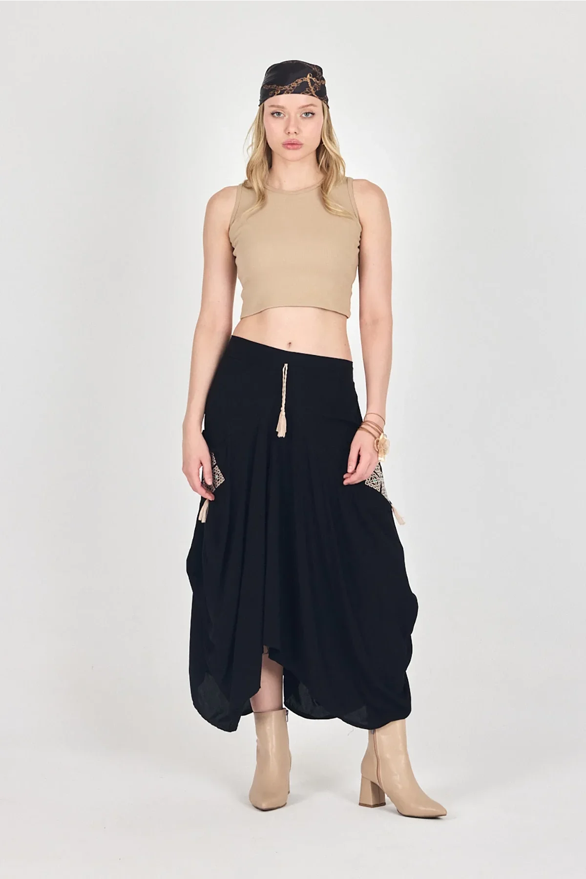 Beli Lastikli Nakış Detaylı Bağcıklı Otantik Şalvar Etek