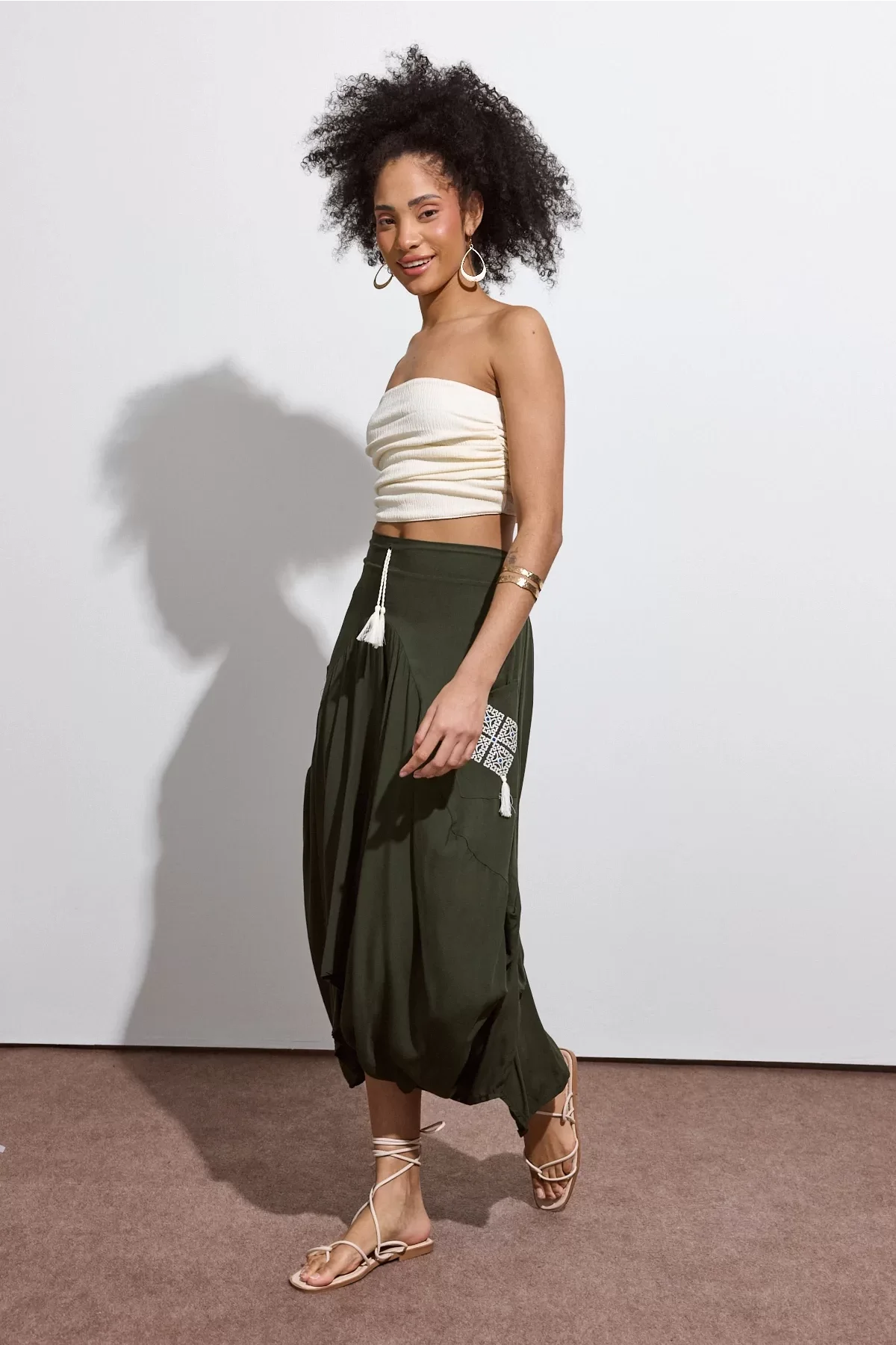 Beli Lastikli Nakış Detaylı Bağcıklı Otantik Şalvar Etek