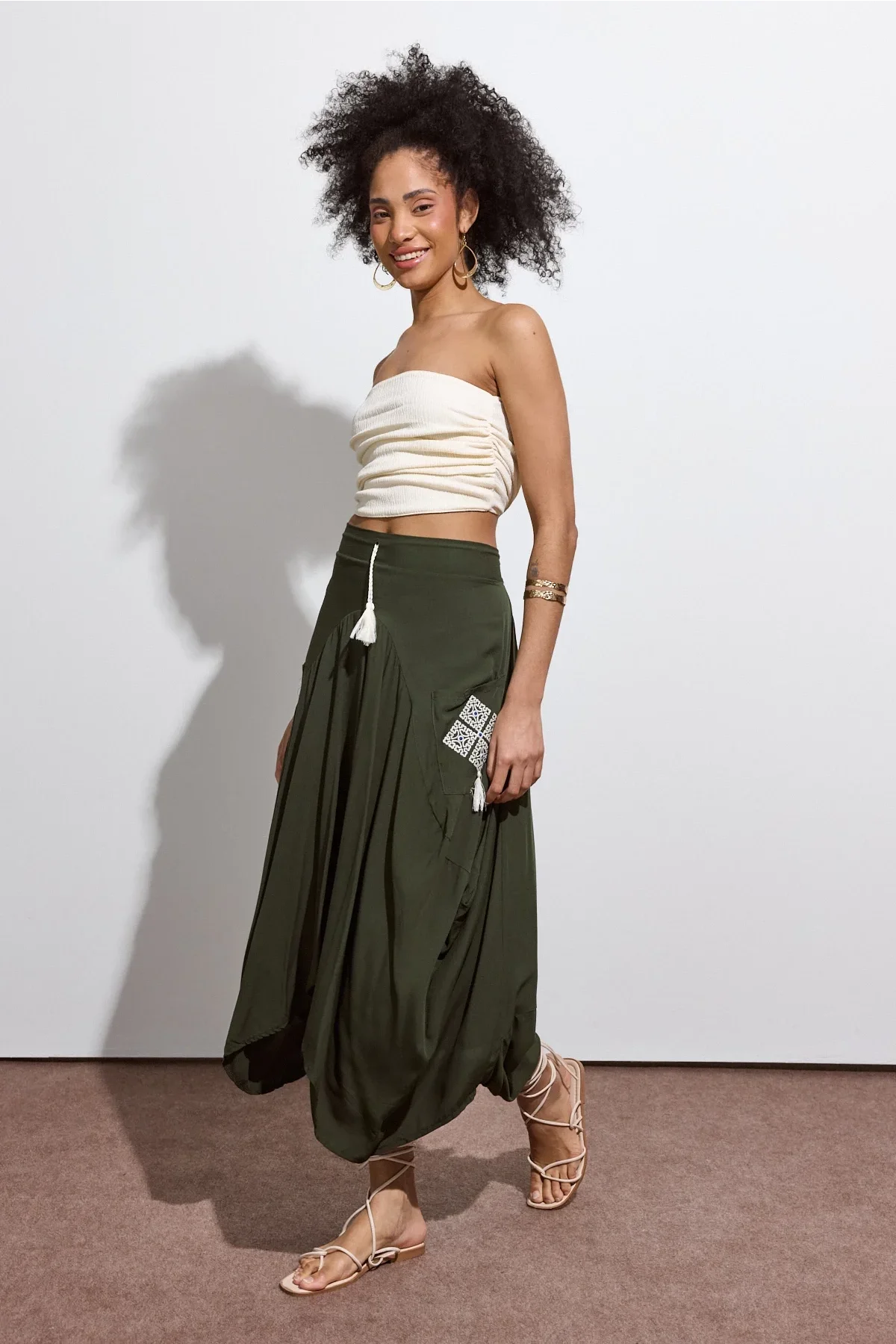 Beli Lastikli Nakış Detaylı Bağcıklı Otantik Şalvar Etek