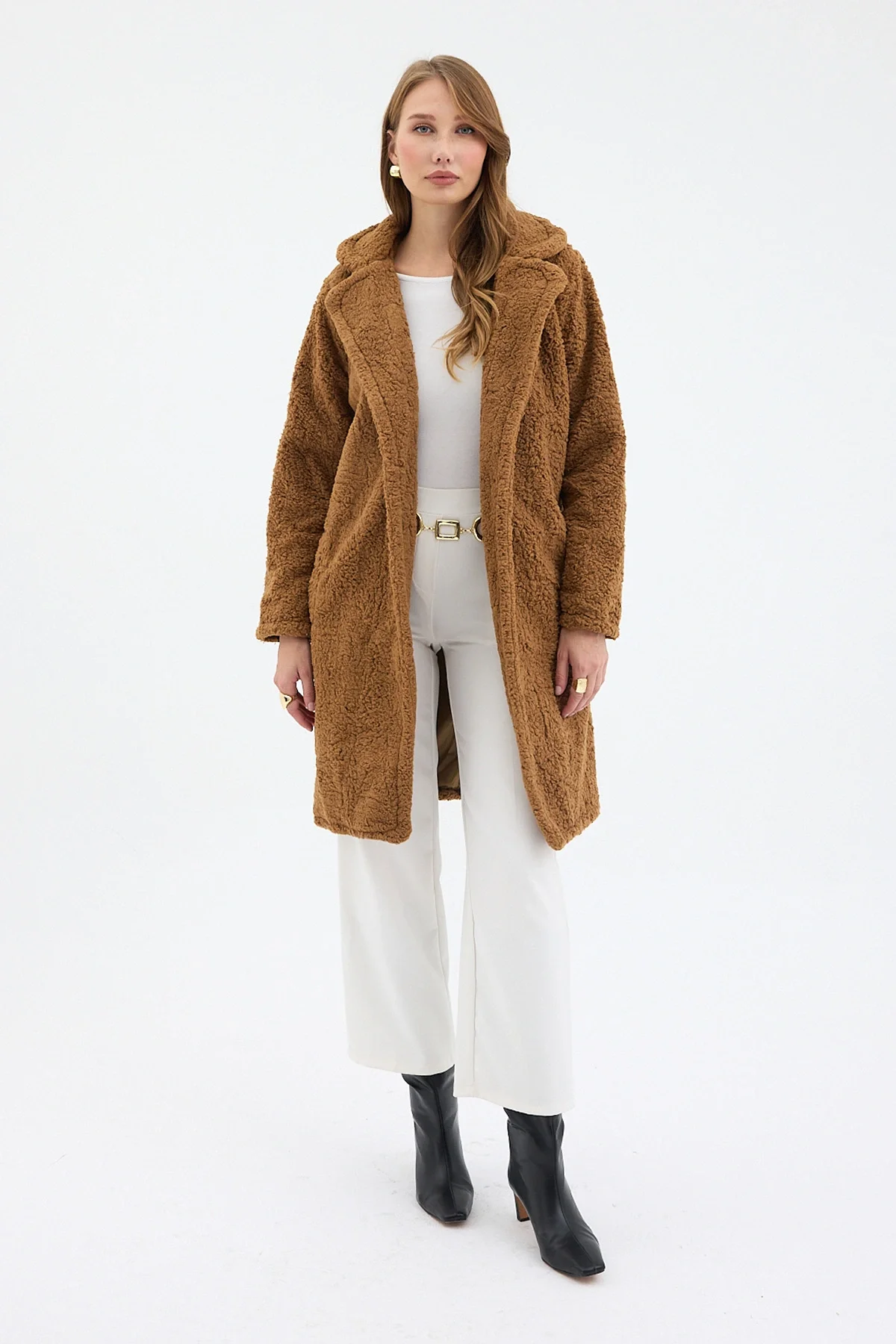 Camel Tek Düğmeli Çift Cepli Astarlı Buklet Kaban