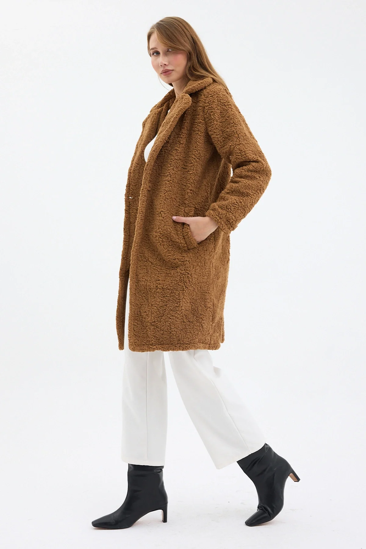 Camel Tek Düğmeli Çift Cepli Astarlı Buklet Kaban