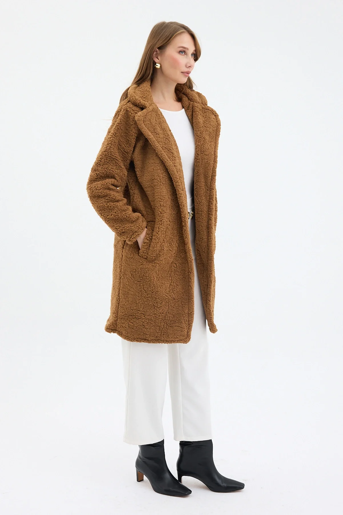 Camel Tek Düğmeli Çift Cepli Astarlı Buklet Kaban