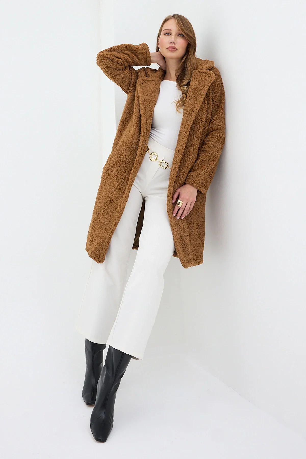 Camel Tek Düğmeli Çift Cepli Astarlı Buklet Kaban