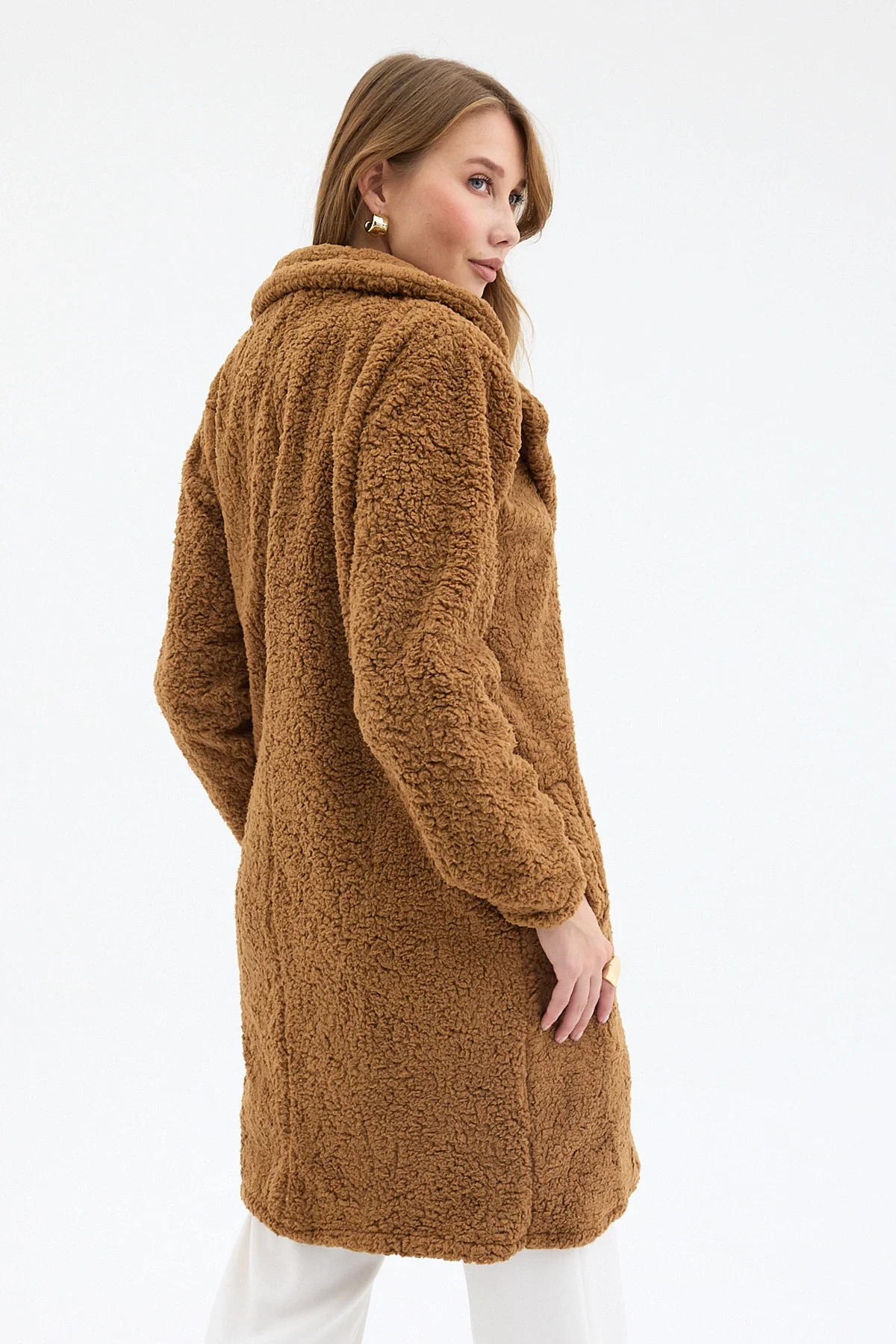 Camel Tek Düğmeli Çift Cepli Astarlı Buklet Kaban