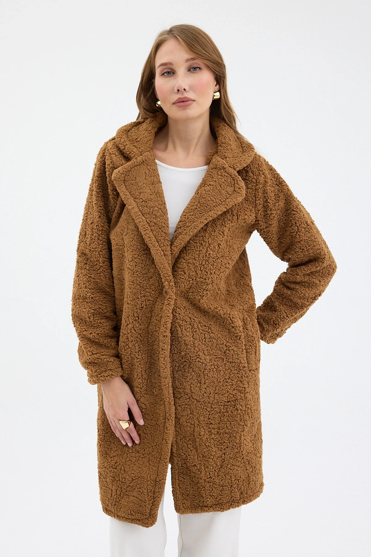 Camel Tek Düğmeli Çift Cepli Astarlı Buklet Kaban