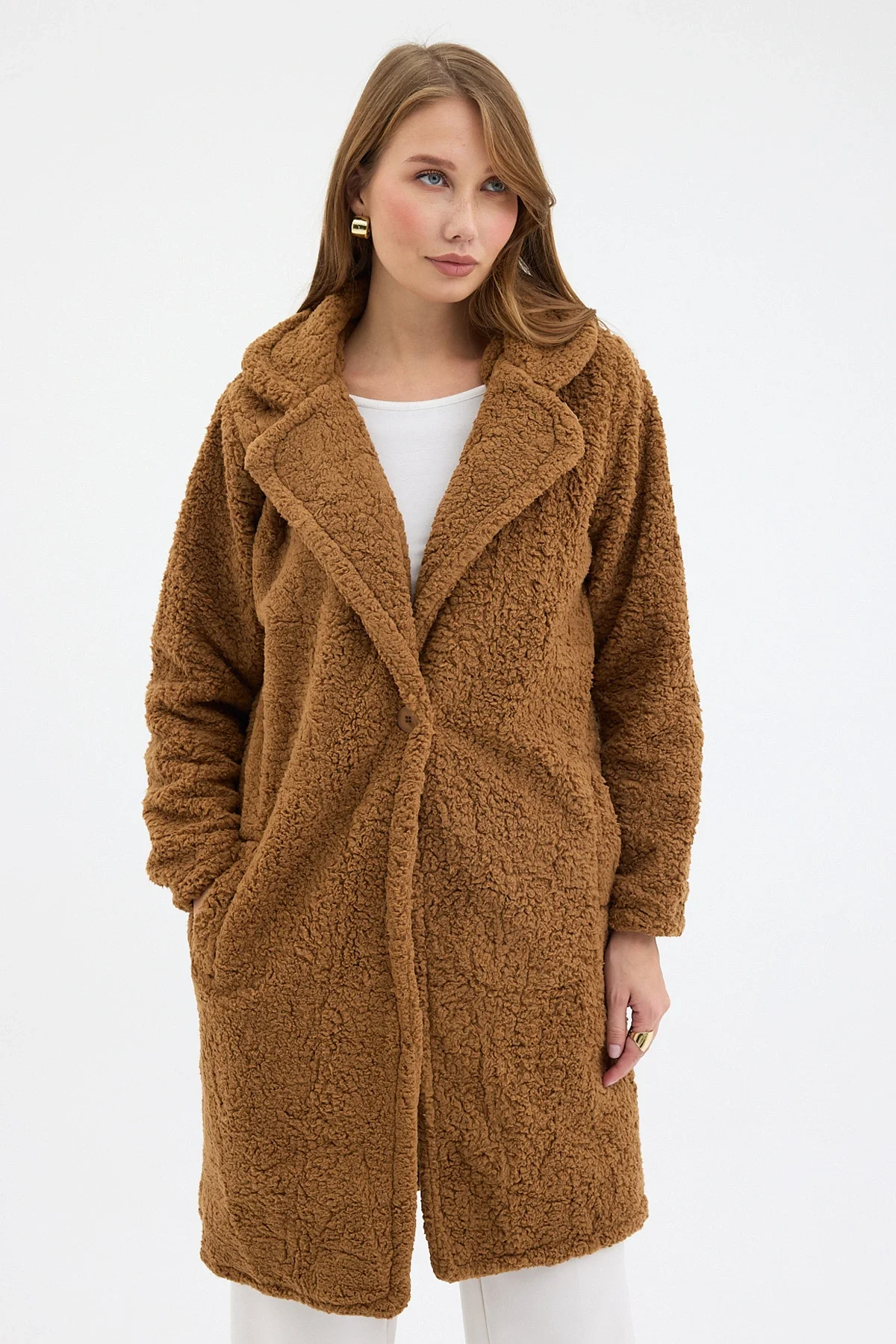 Camel Tek Düğmeli Çift Cepli Astarlı Buklet Kaban