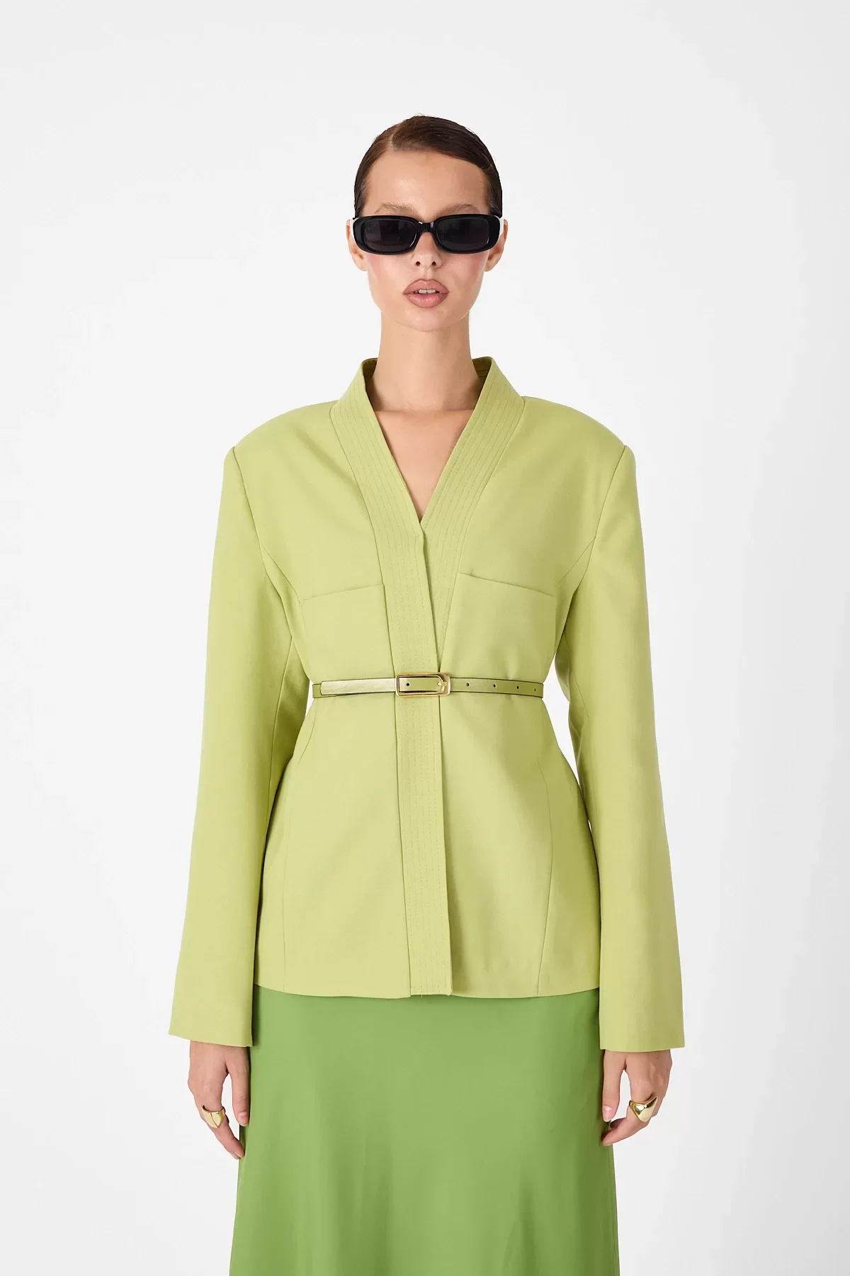 Deri Kemer Detaylı Yeşil Ceket