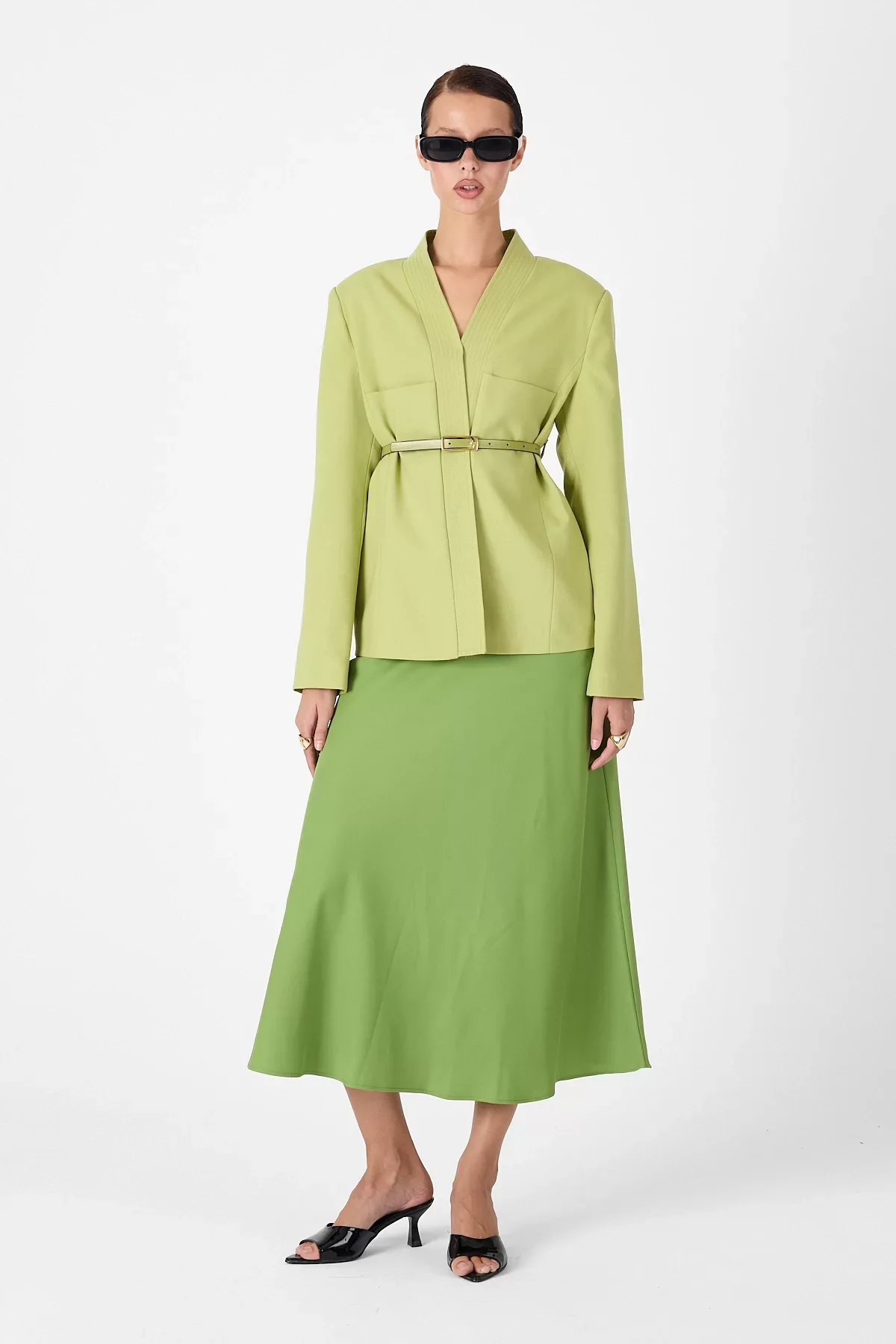 Deri Kemer Detaylı Yeşil Ceket