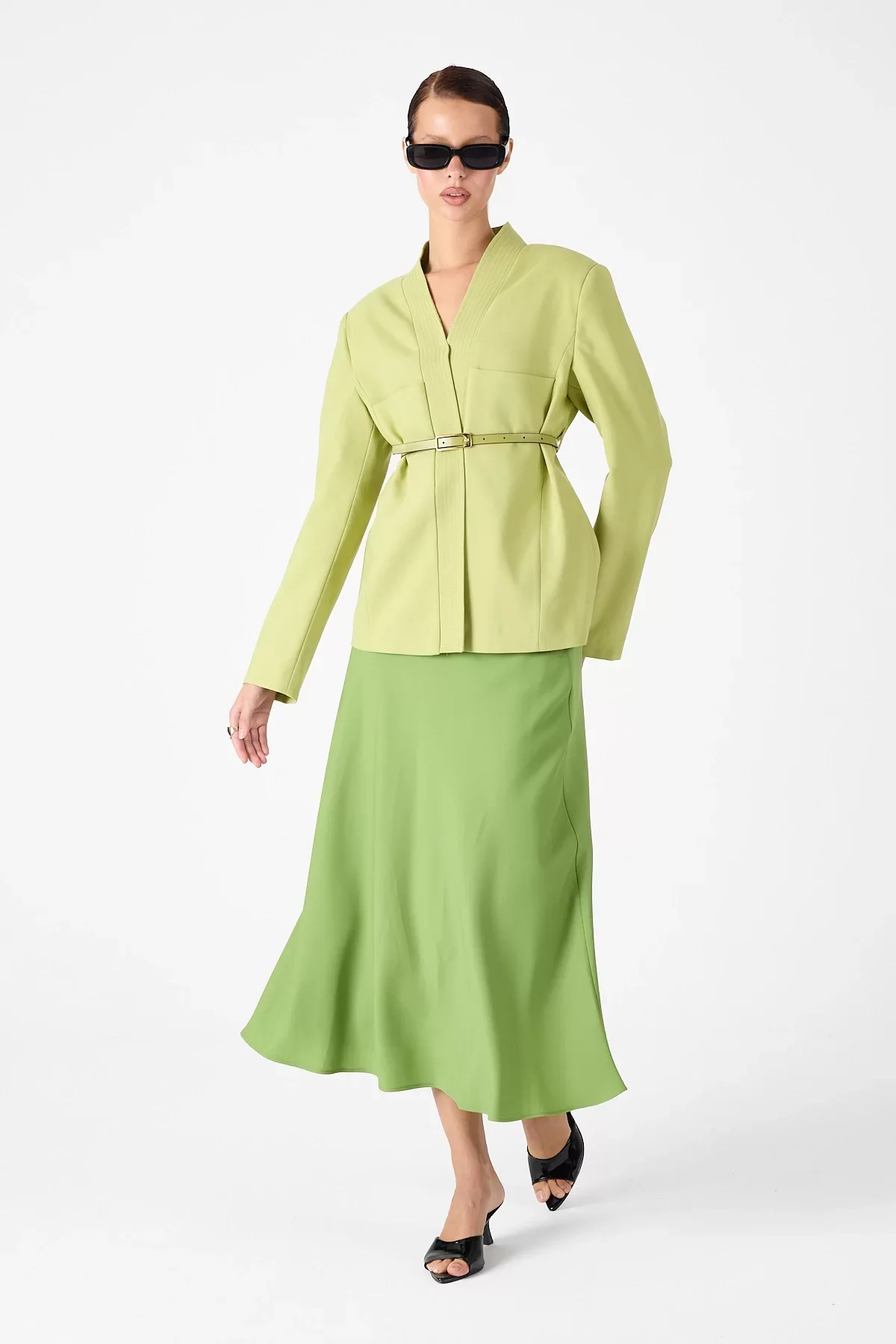 Deri Kemer Detaylı Yeşil Ceket