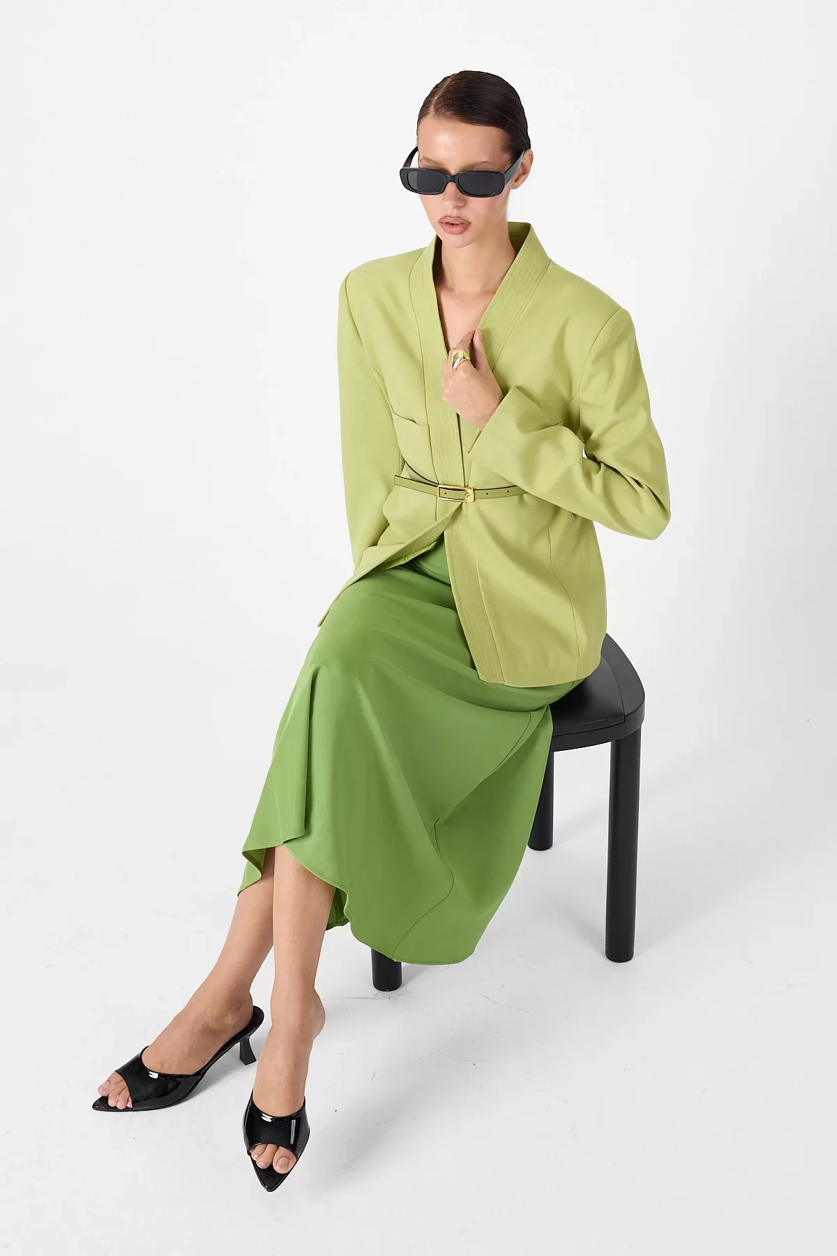 Deri Kemer Detaylı Yeşil Ceket