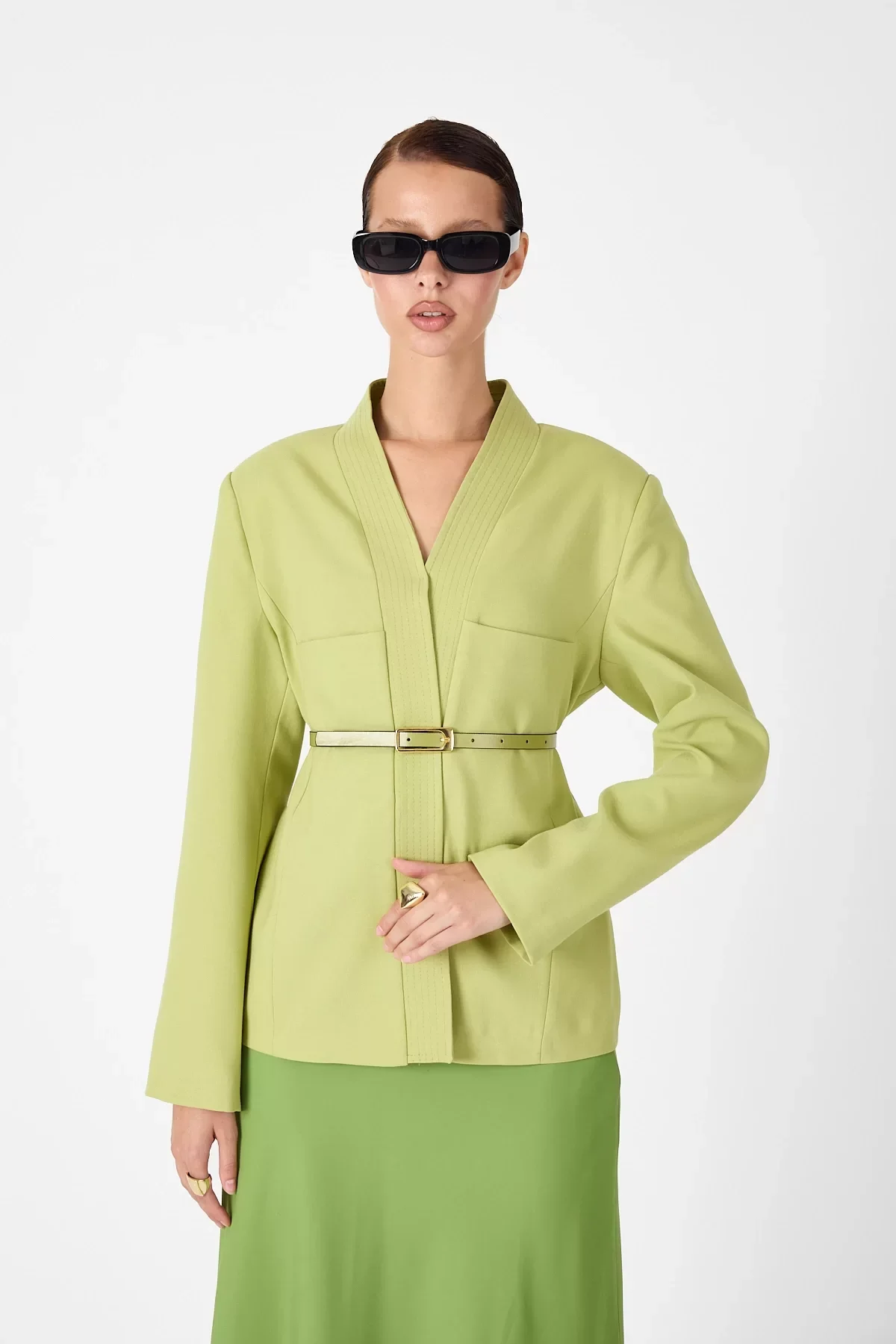 Deri Kemer Detaylı Yeşil Ceket