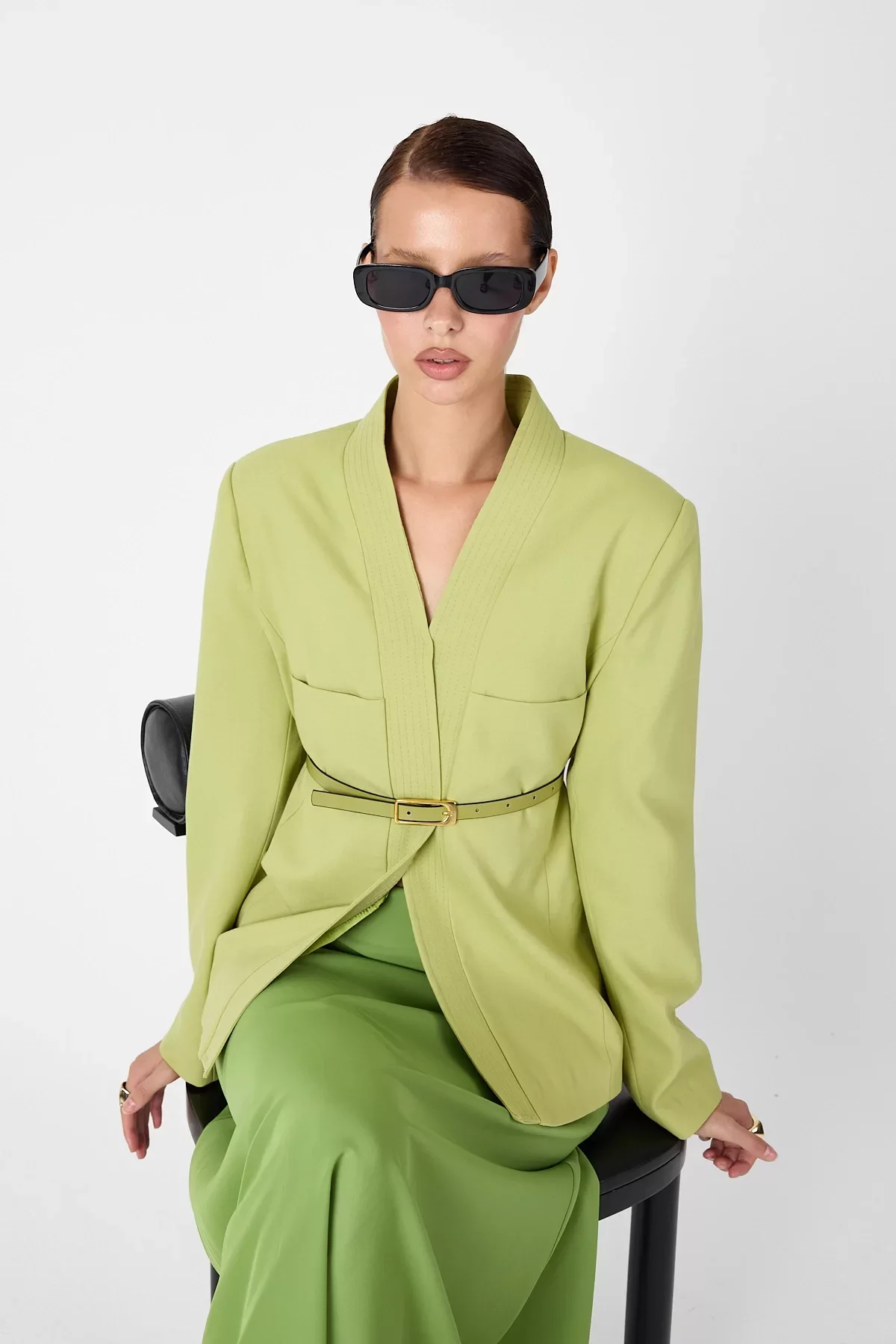 Deri Kemer Detaylı Yeşil Ceket