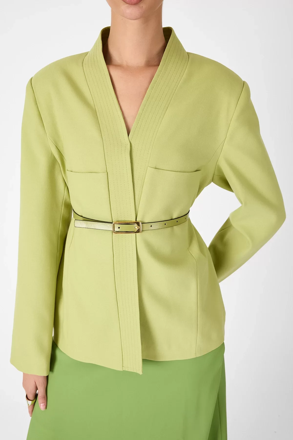 Deri Kemer Detaylı Yeşil Ceket