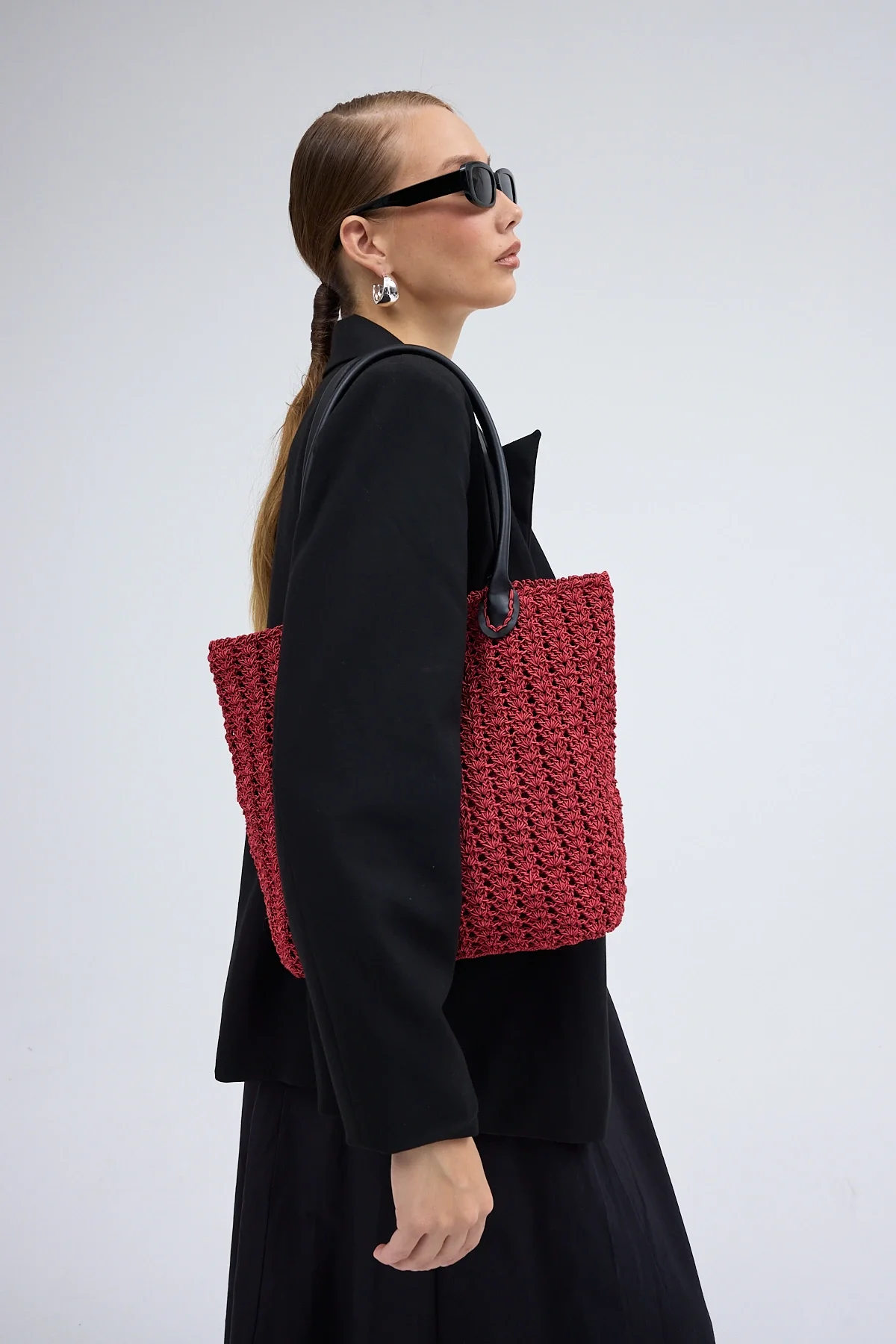 El yapımı Astarlı Hasır Çanta Bordo Siyah