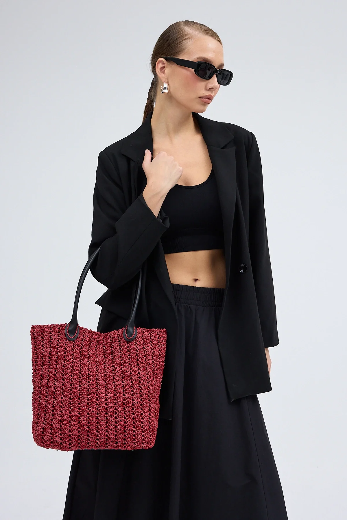 El yapımı Astarlı Hasır Çanta Bordo Siyah