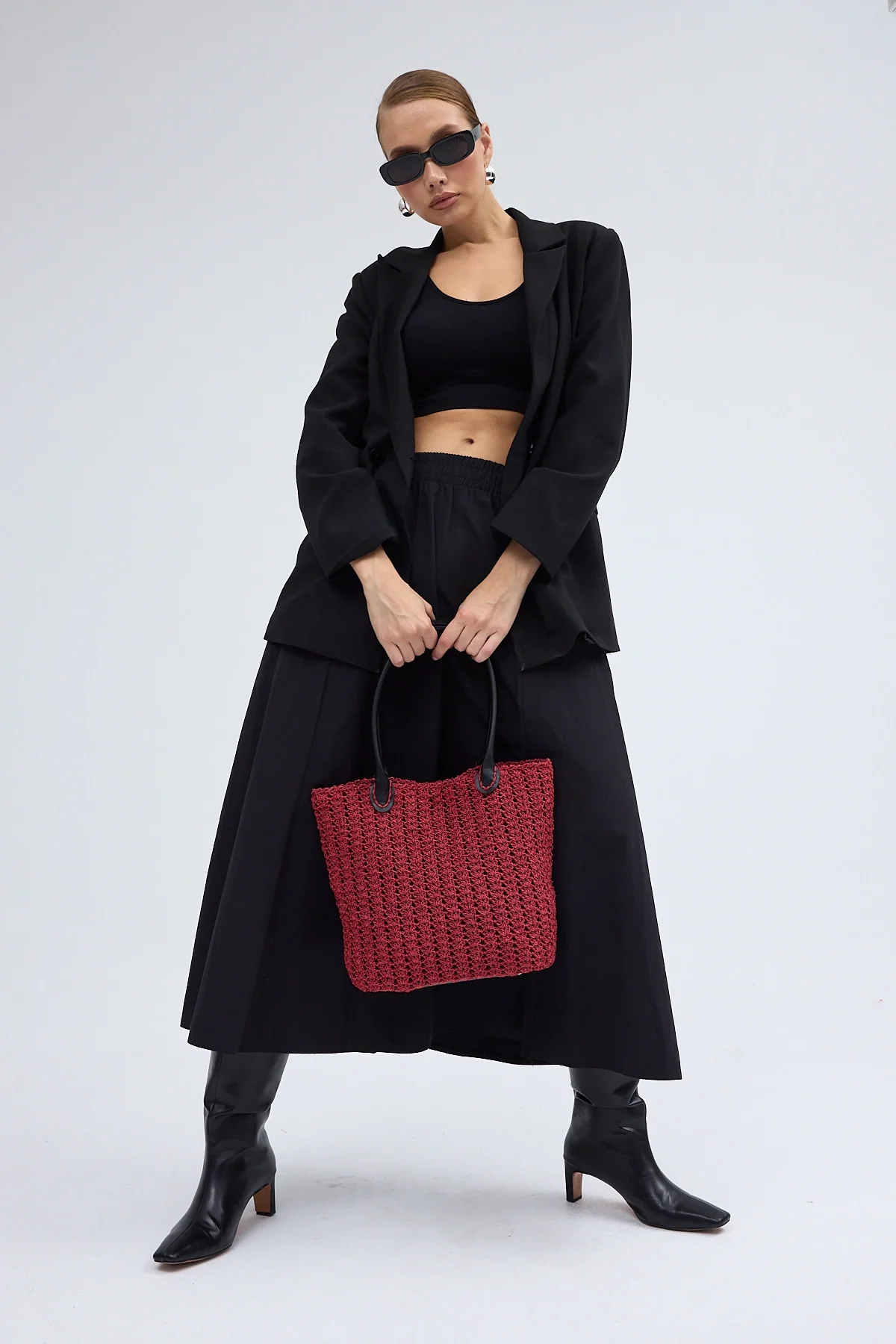 El yapımı Astarlı Hasır Çanta Bordo Siyah