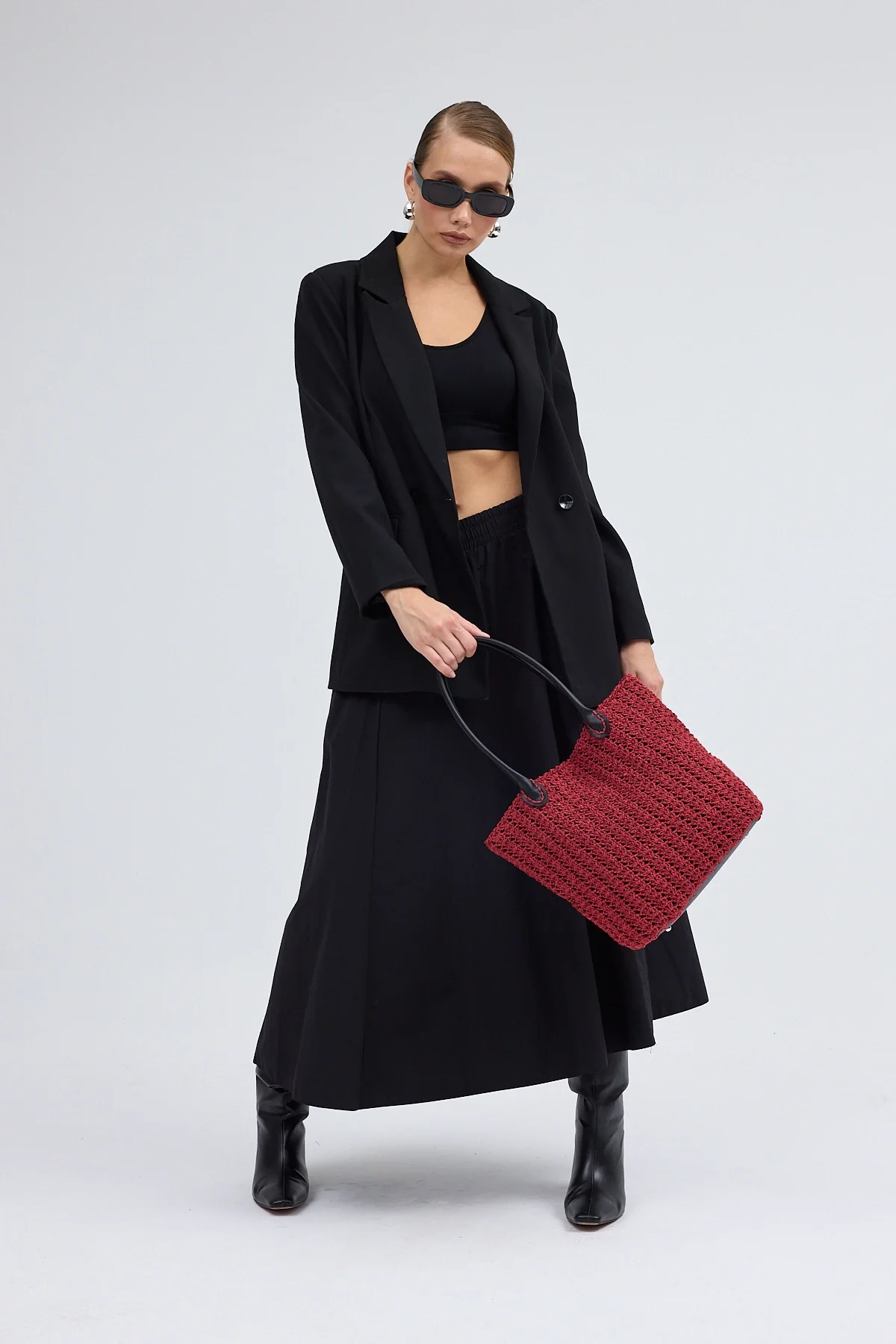 El yapımı Astarlı Hasır Çanta Bordo Siyah