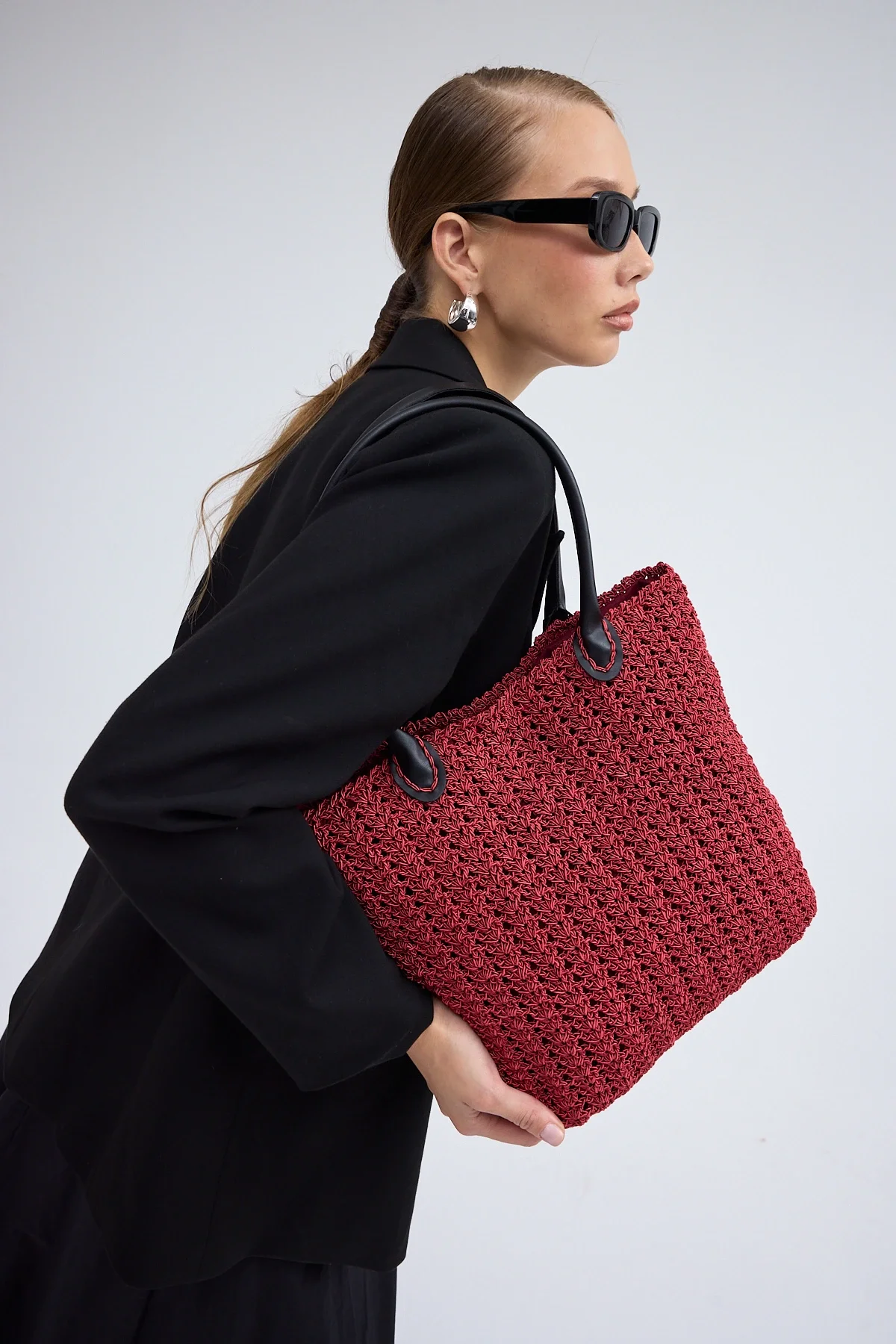 El yapımı Astarlı Hasır Çanta Bordo Siyah