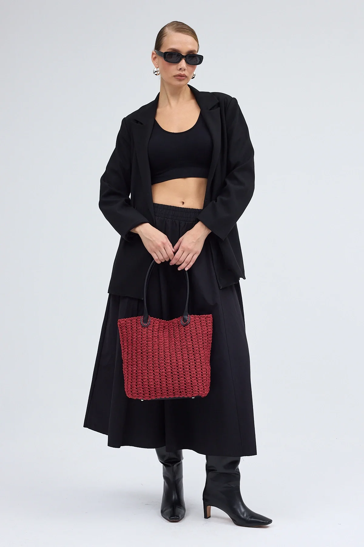 El yapımı Astarlı Hasır Çanta Bordo Siyah