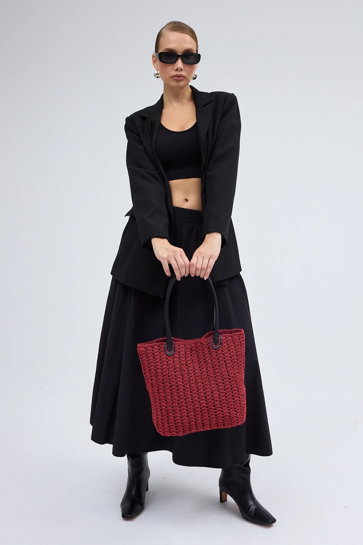 El yapımı Astarlı Hasır Çanta Bordo Siyah