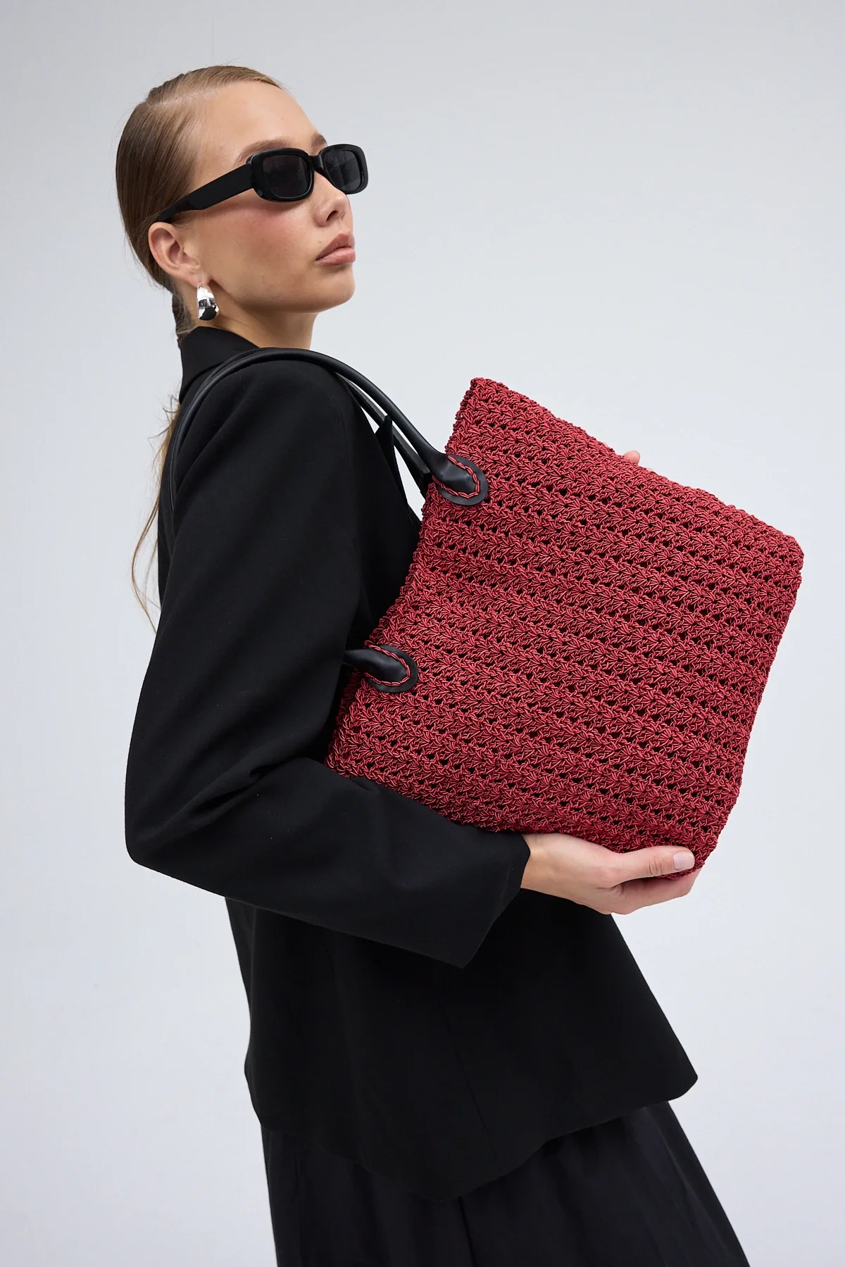 El yapımı Astarlı Hasır Çanta Bordo Siyah