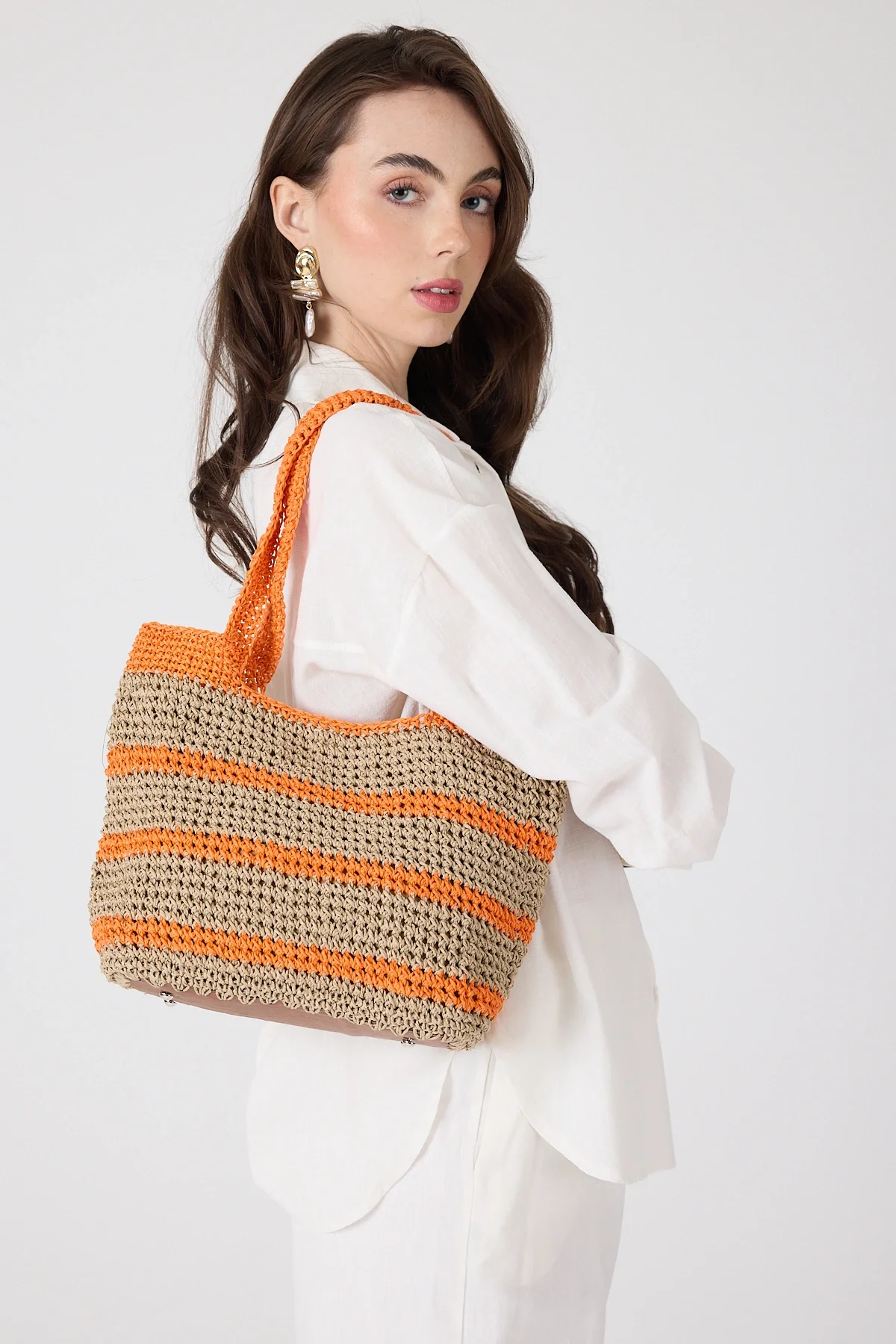 El yapımı Astarlı Hasır Çanta Turuncu