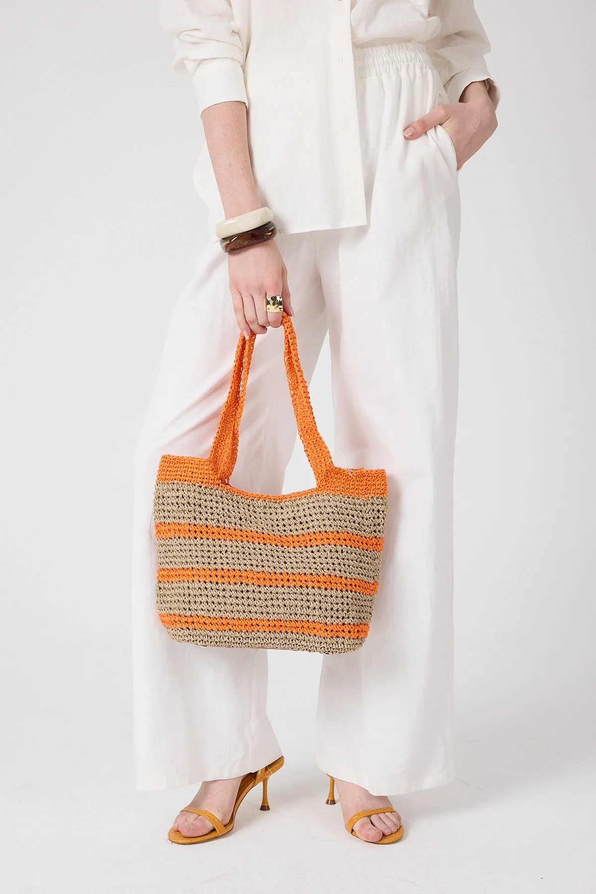 El yapımı Astarlı Hasır Çanta Turuncu