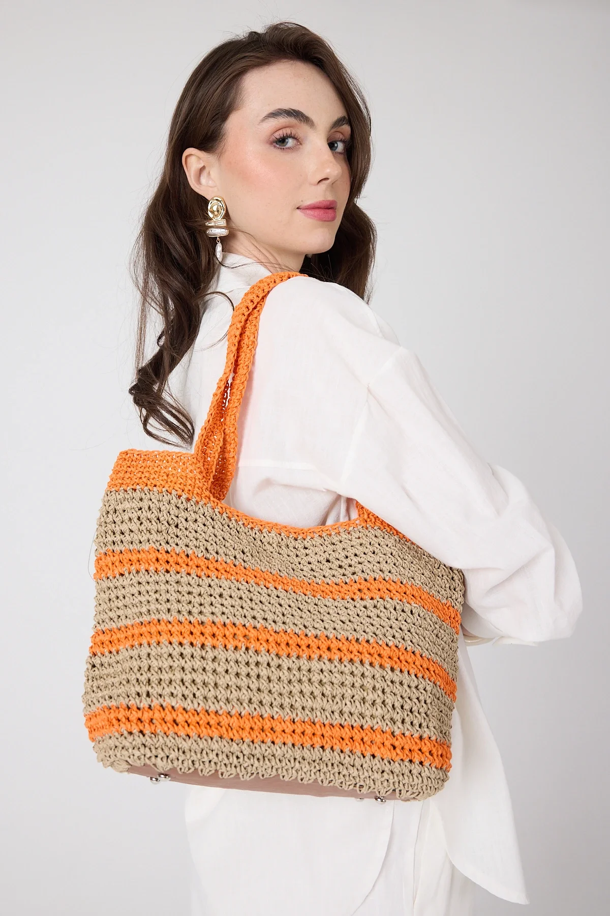 El yapımı Astarlı Hasır Çanta Turuncu