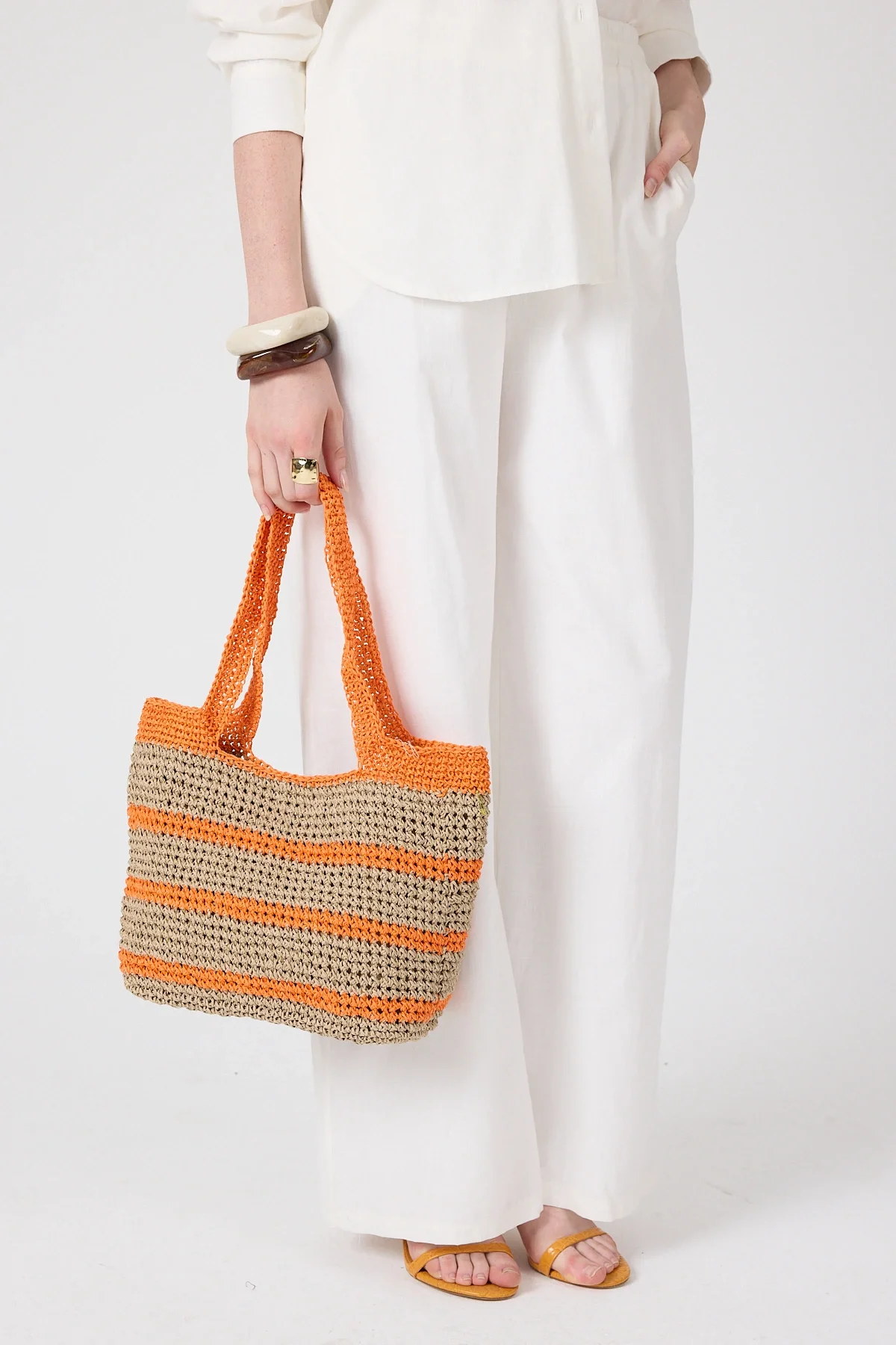 El yapımı Astarlı Hasır Çanta Turuncu