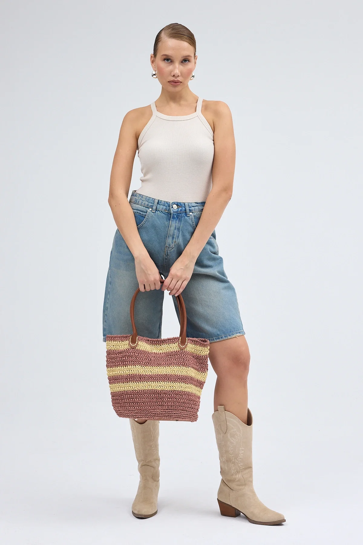 El yapımı Astarlı Kahverengi Hasır Çanta