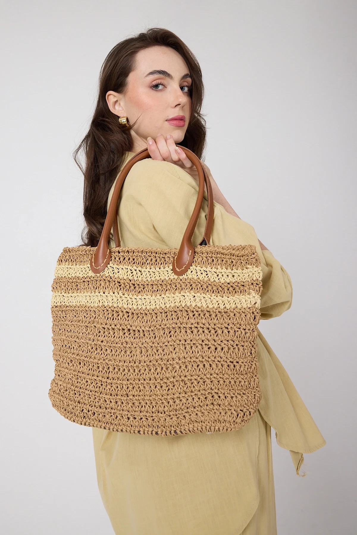 El yapımı Astarlı Kahverengi Hasır Çanta