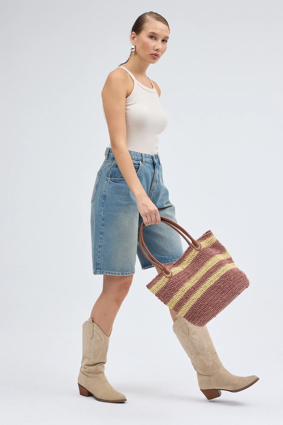 El yapımı Astarlı Kahverengi Hasır Çanta