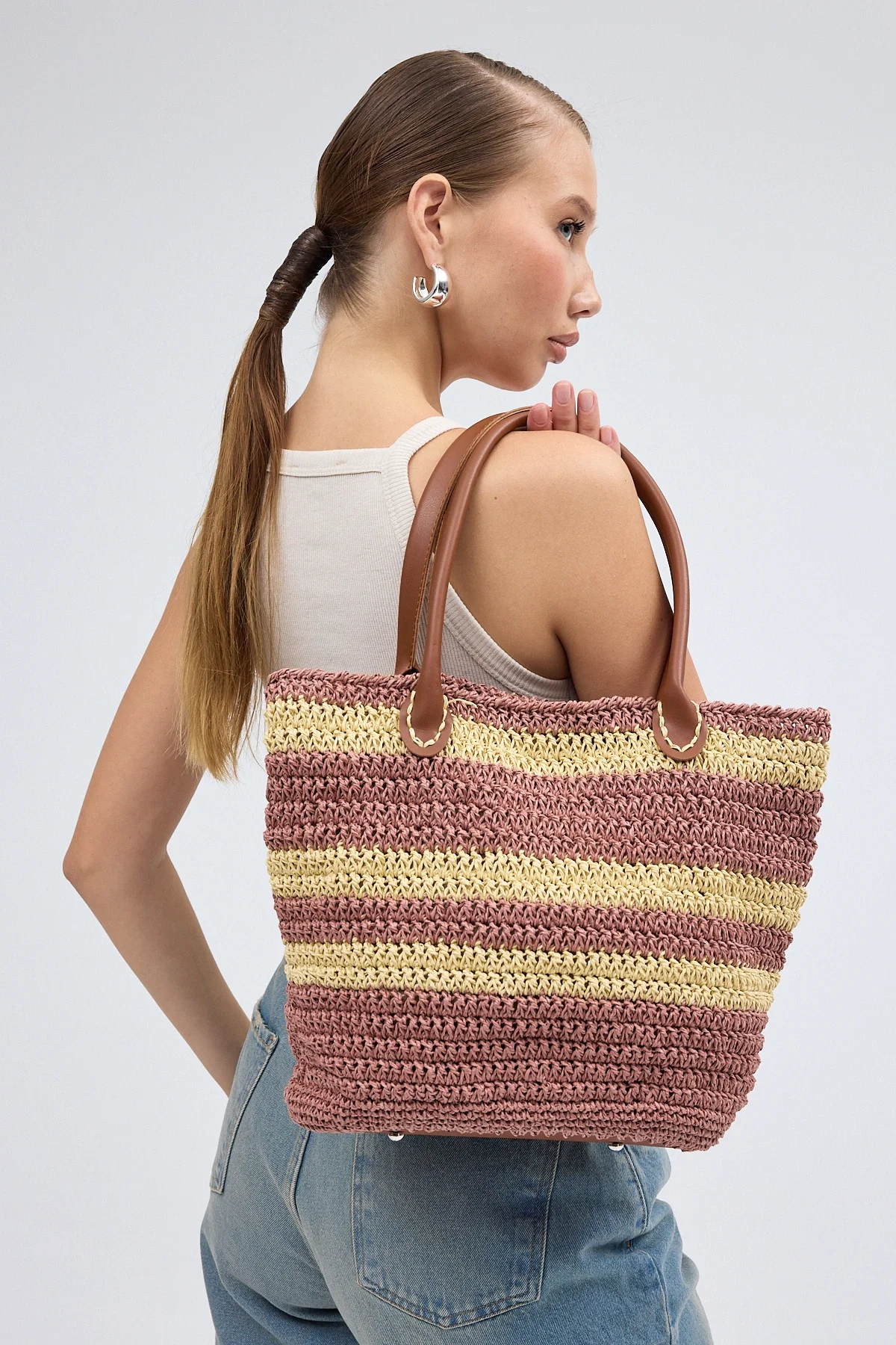 El yapımı Astarlı Kahverengi Hasır Çanta