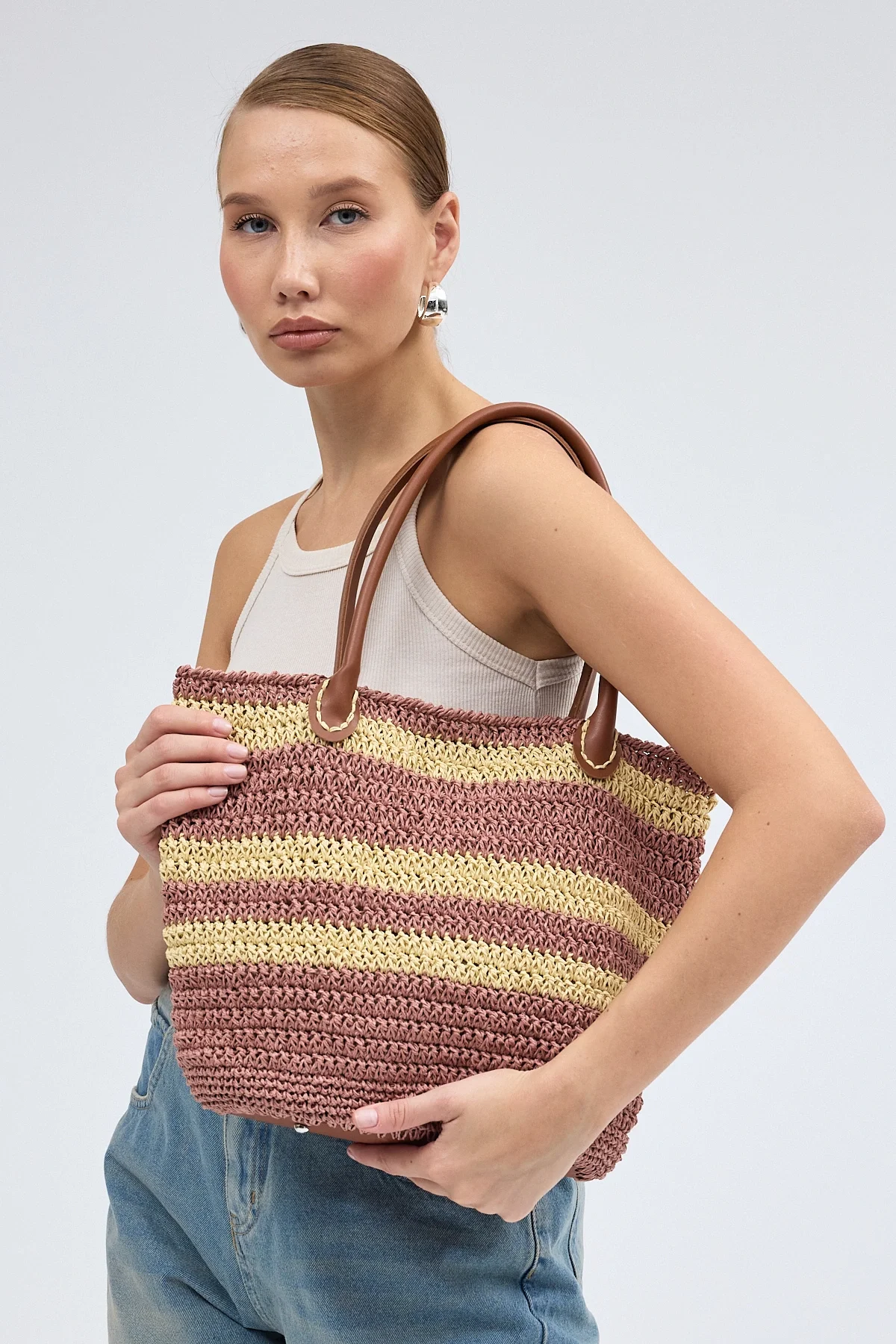 El yapımı Astarlı Kahverengi Hasır Çanta